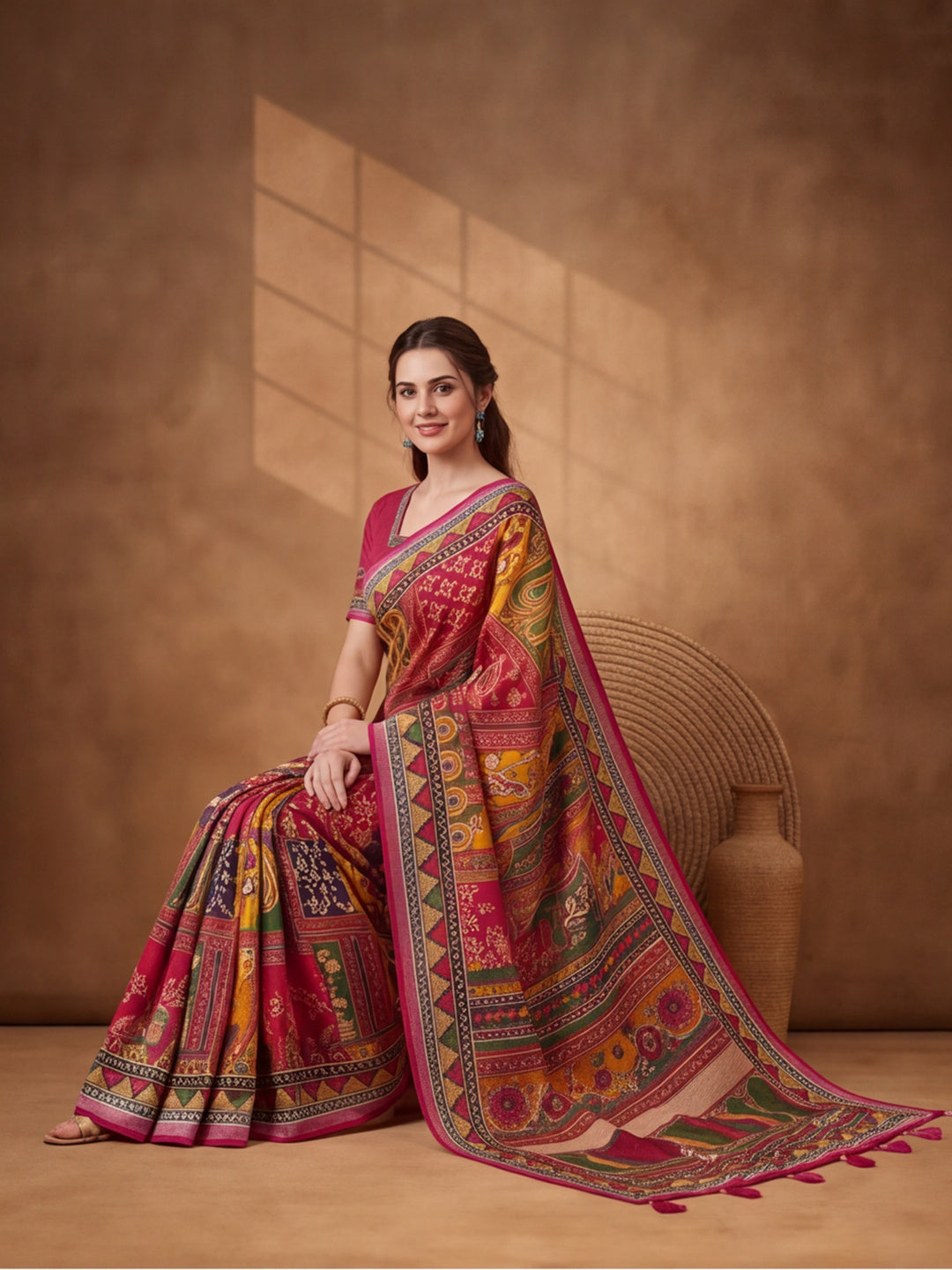 Jaipur Kurti Women Multi Digital Printed Saree With Tasselled Border