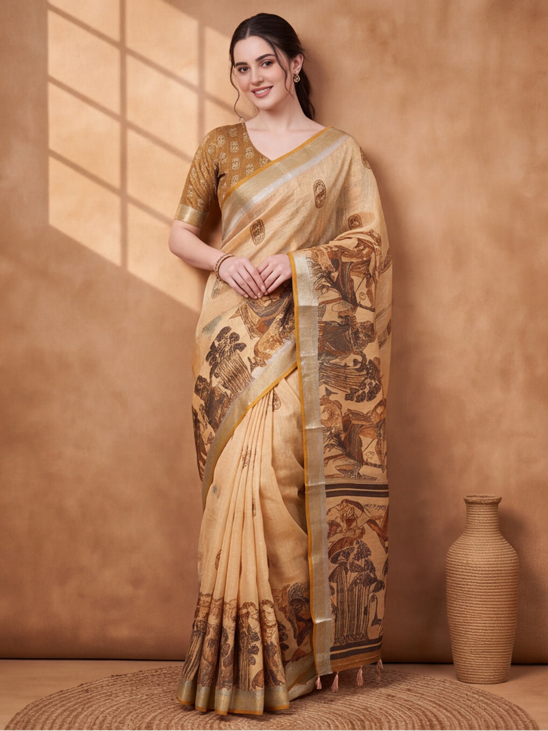 Jaipur Kurti Women Beige Digital Printed Saree With Tasselled Border
