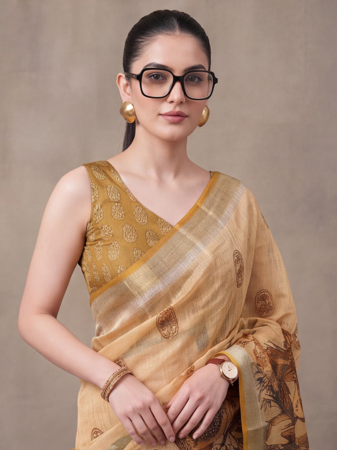 Jaipur Kurti Women Beige Digital Printed Saree With Tasselled Border