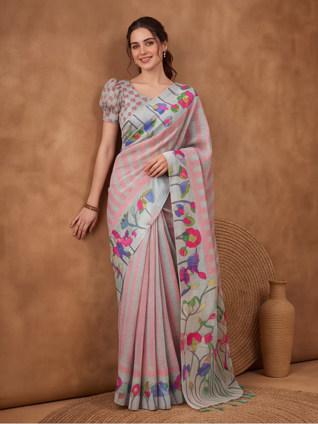 Jaipur Kurti Women Multi Digital Printed Saree With Tasselled Border
