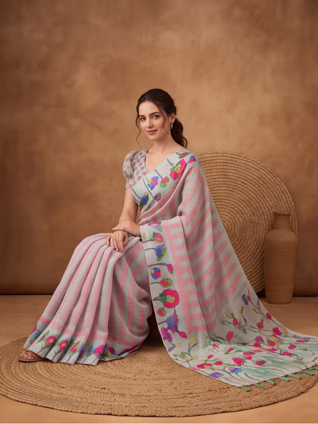Jaipur Kurti Women Multi Digital Printed Saree With Tasselled Border