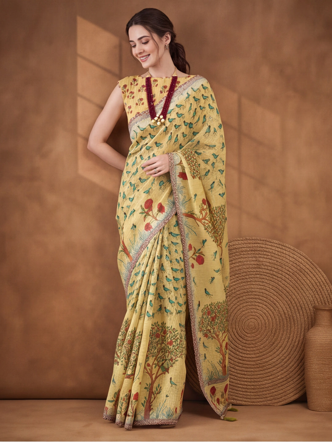 Jaipur Kurti Women Beige Digital Printed Saree With Tasselled Border