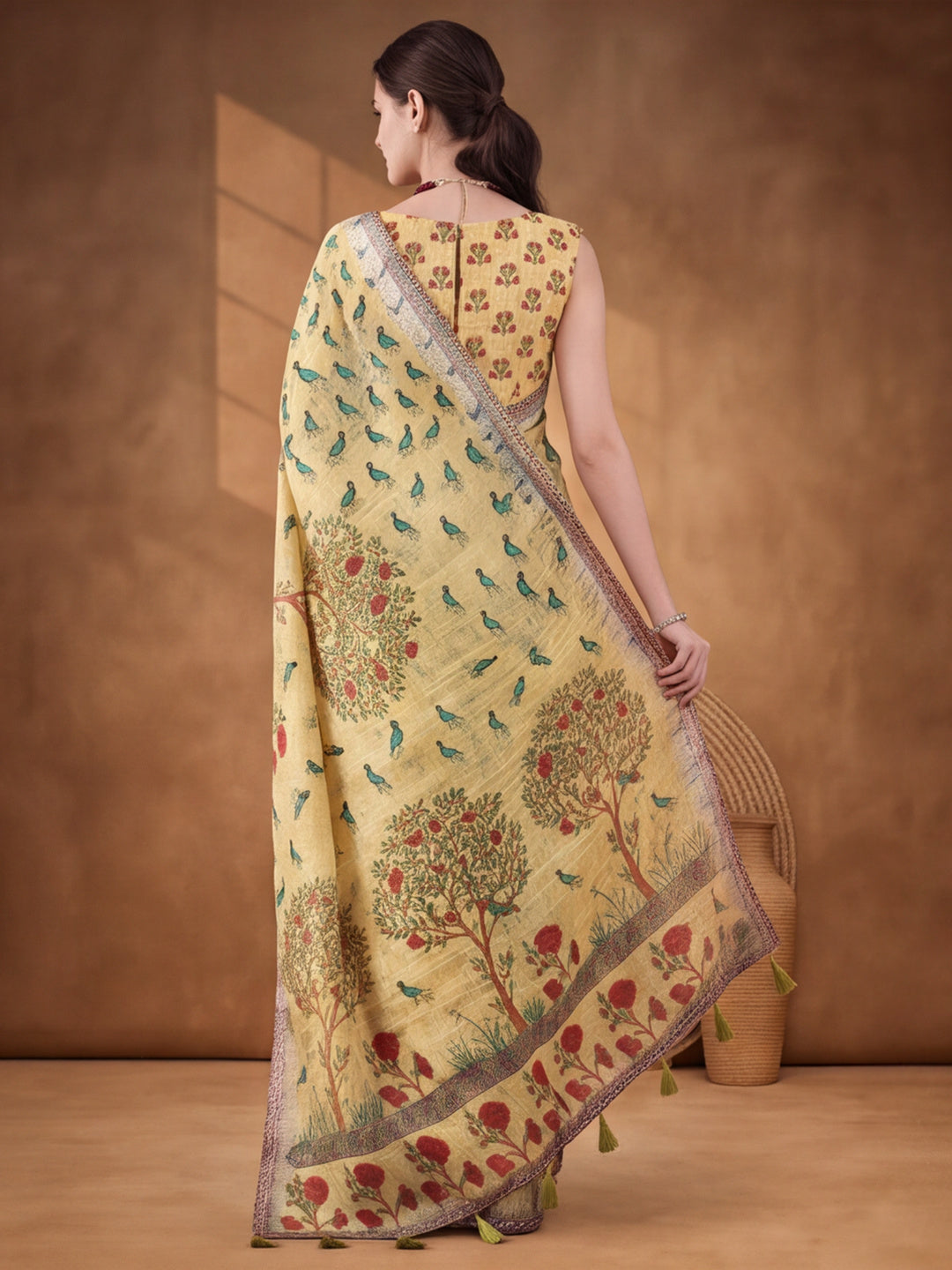Jaipur Kurti Women Beige Digital Printed Saree With Tasselled Border