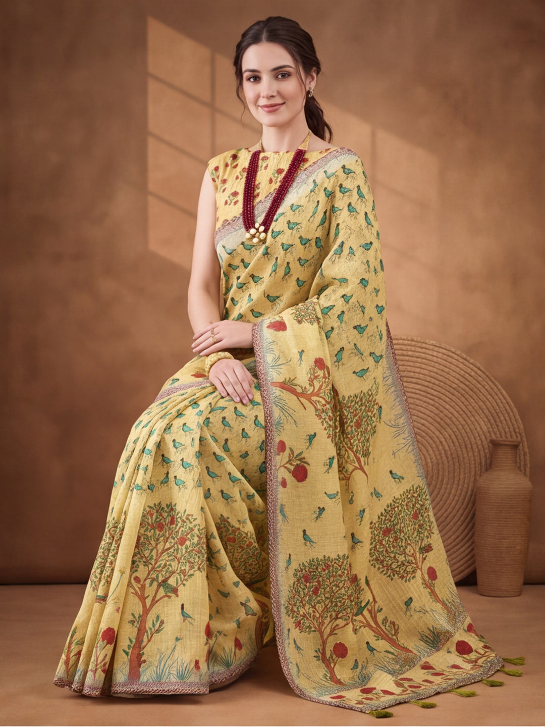 Jaipur Kurti Women Beige Digital Printed Saree With Tasselled Border