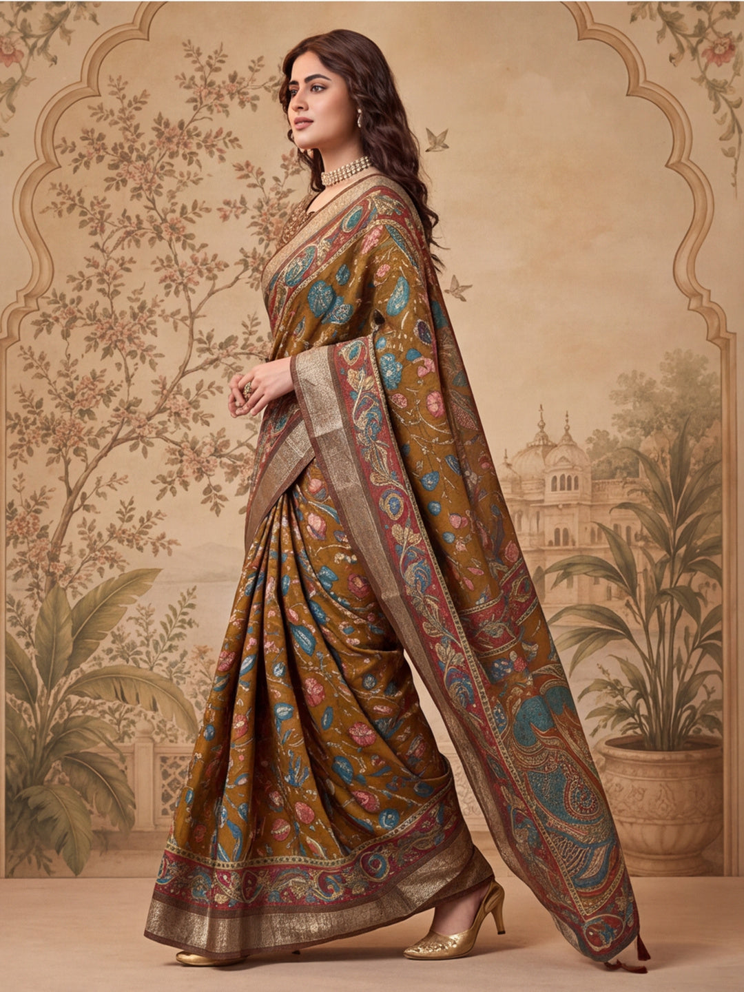 Jaipur Kurti Women Mustard Digital Printed Saree With Tasselled Border