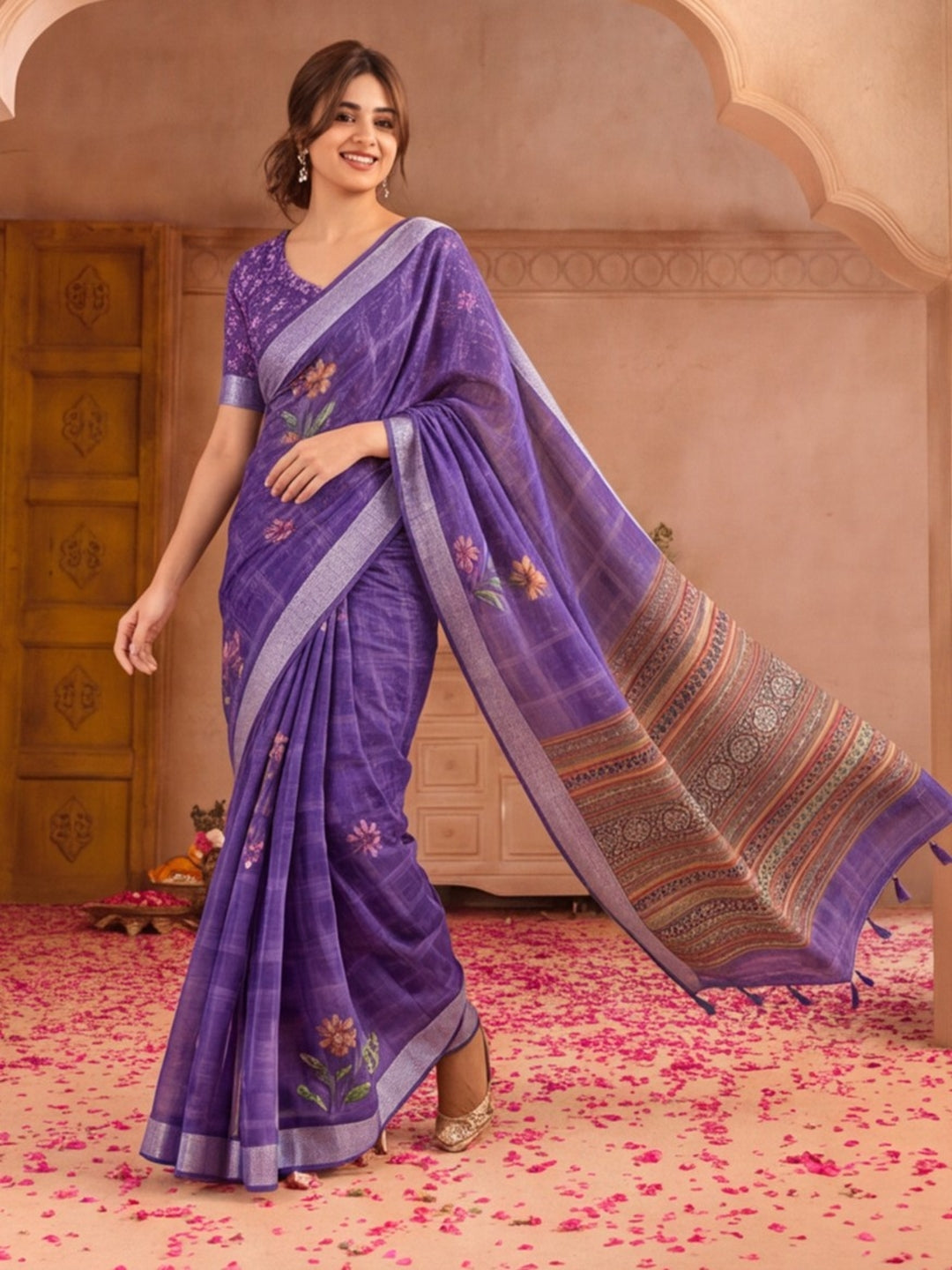 Jaipur Kurti Women Purple Digital Printed Saree With Tasselled Border