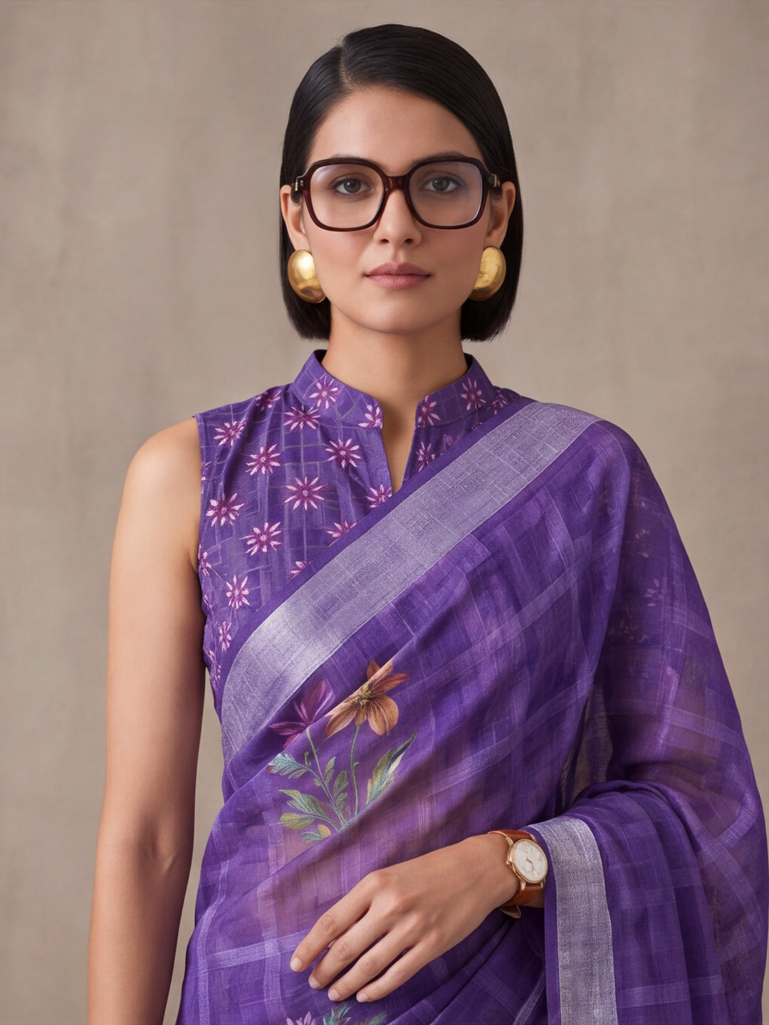 Jaipur Kurti Women Purple Digital Printed Saree With Tasselled Border
