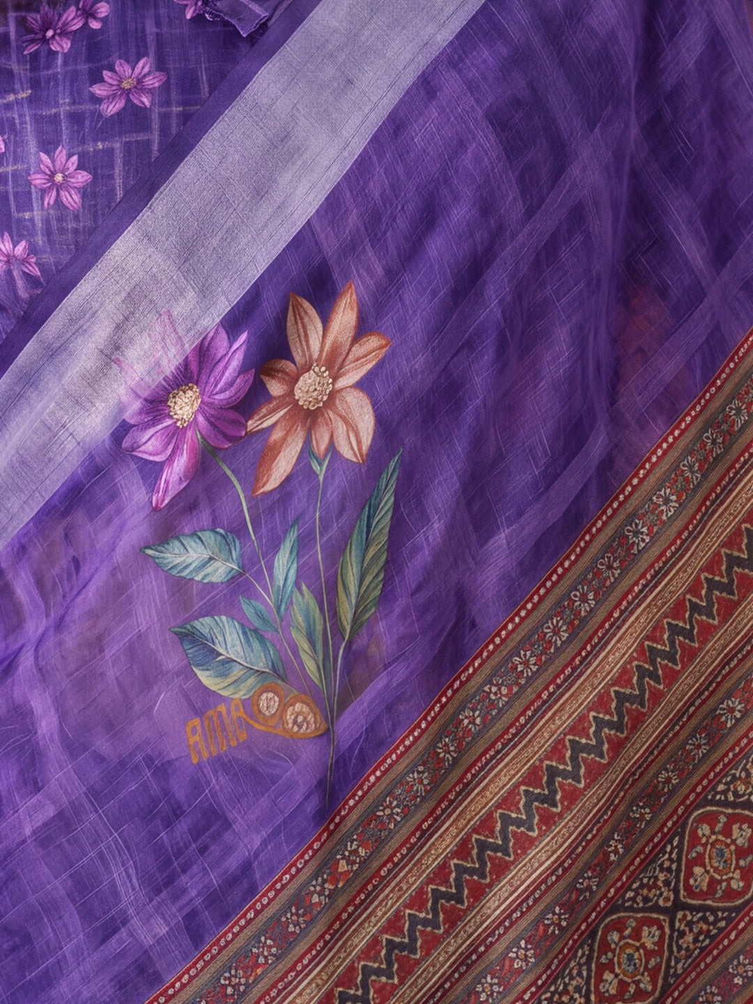 Jaipur Kurti Women Purple Digital Printed Saree With Tasselled Border