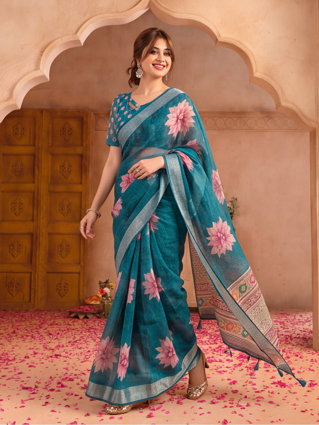 Jaipur Kurti Women Sea Green Digital Printed Saree With Tasselled Border