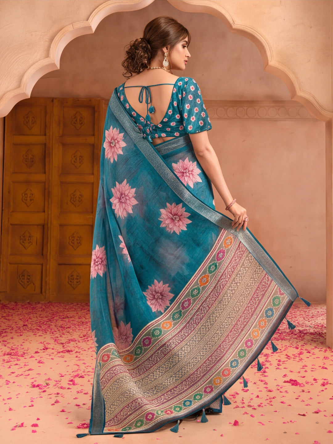 Jaipur Kurti Women Sea Green Digital Printed Saree With Tasselled Border