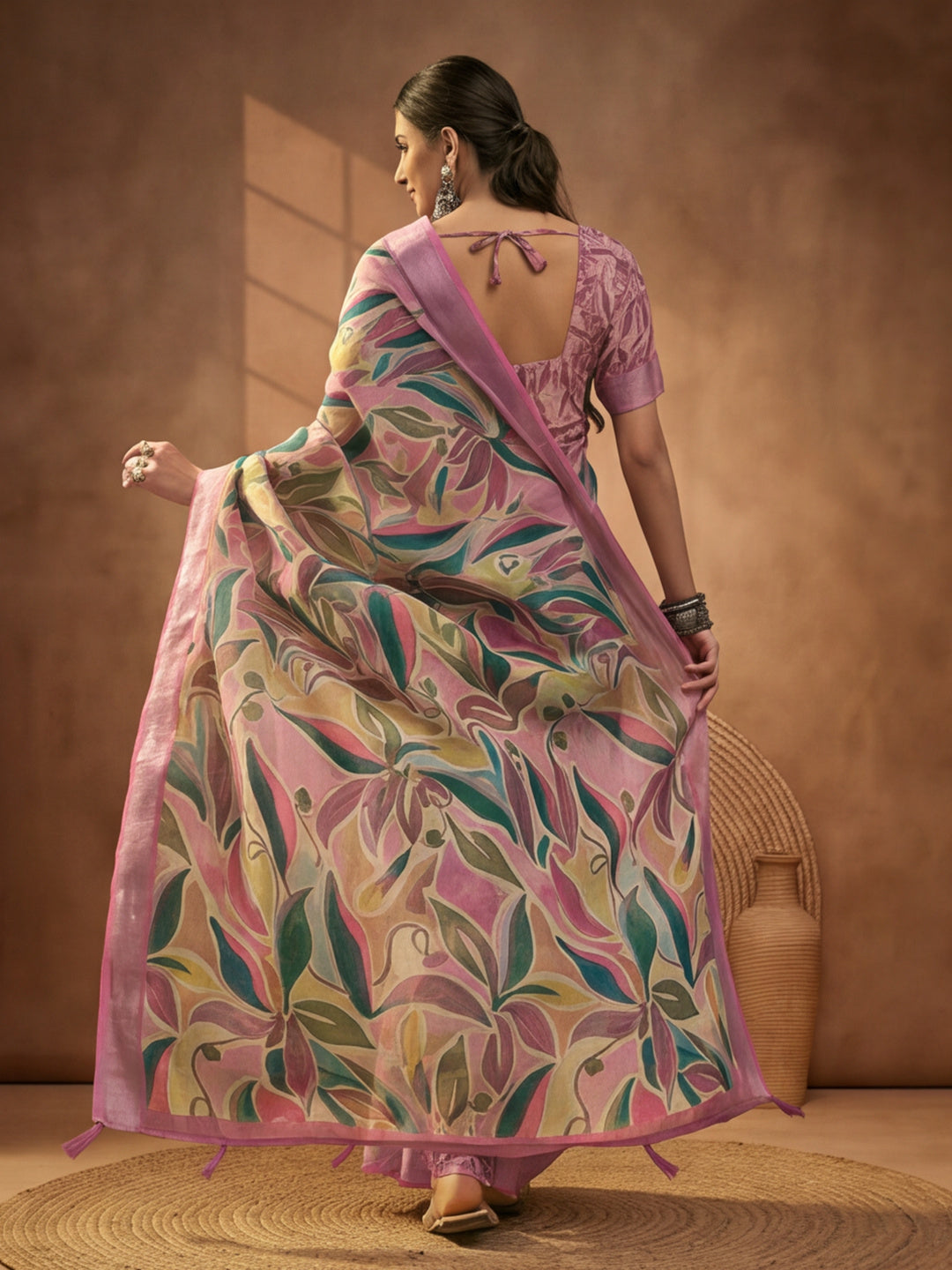 Pink Linen Cotton Digital Printed Saree with Leaf Motifs