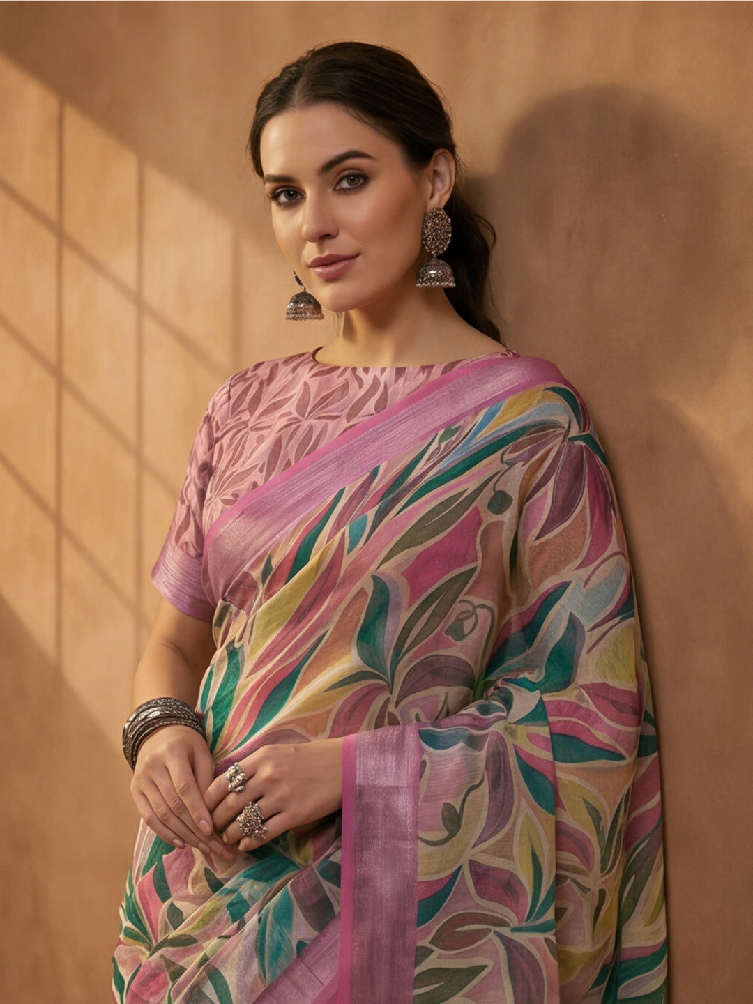 Pink Linen Cotton Digital Printed Saree with Leaf Motifs