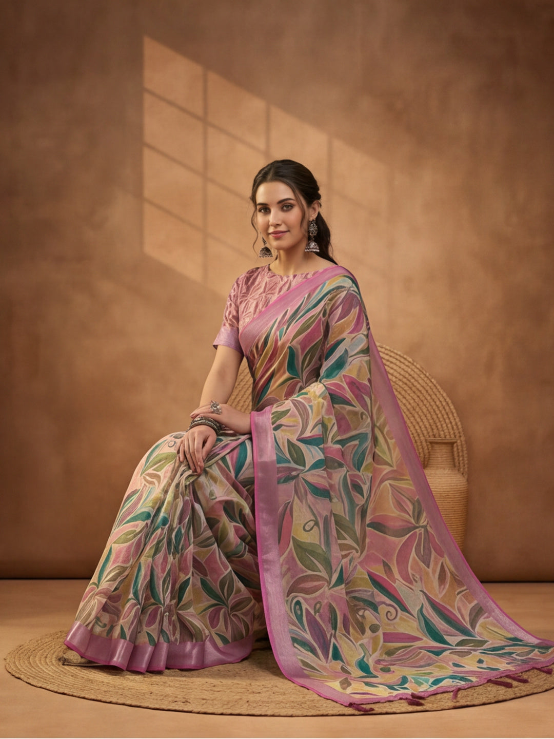 Pink Linen Cotton Digital Printed Saree with Leaf Motifs