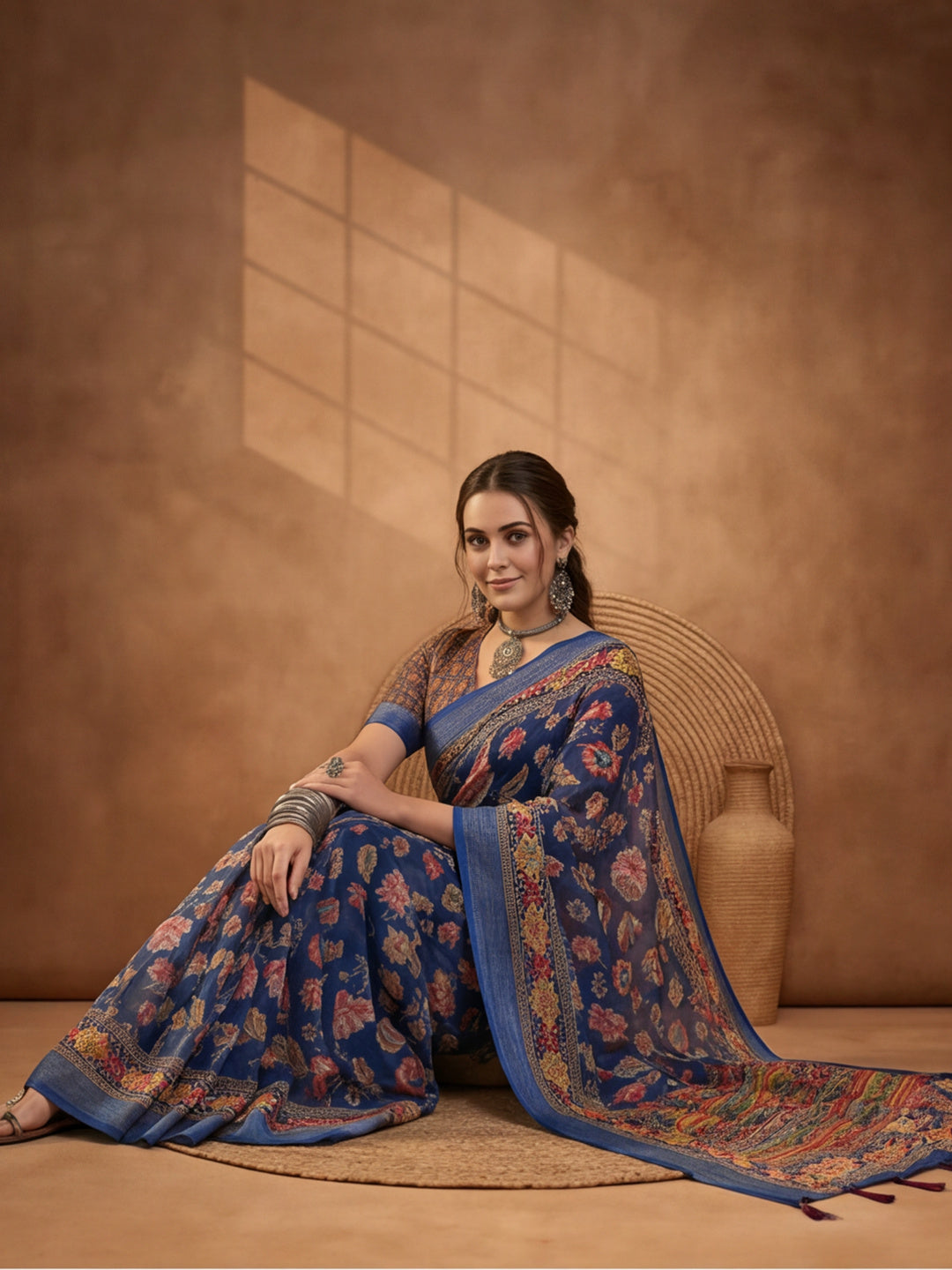 Navy Blue Linen Cotton Digital Printed Floral Saree