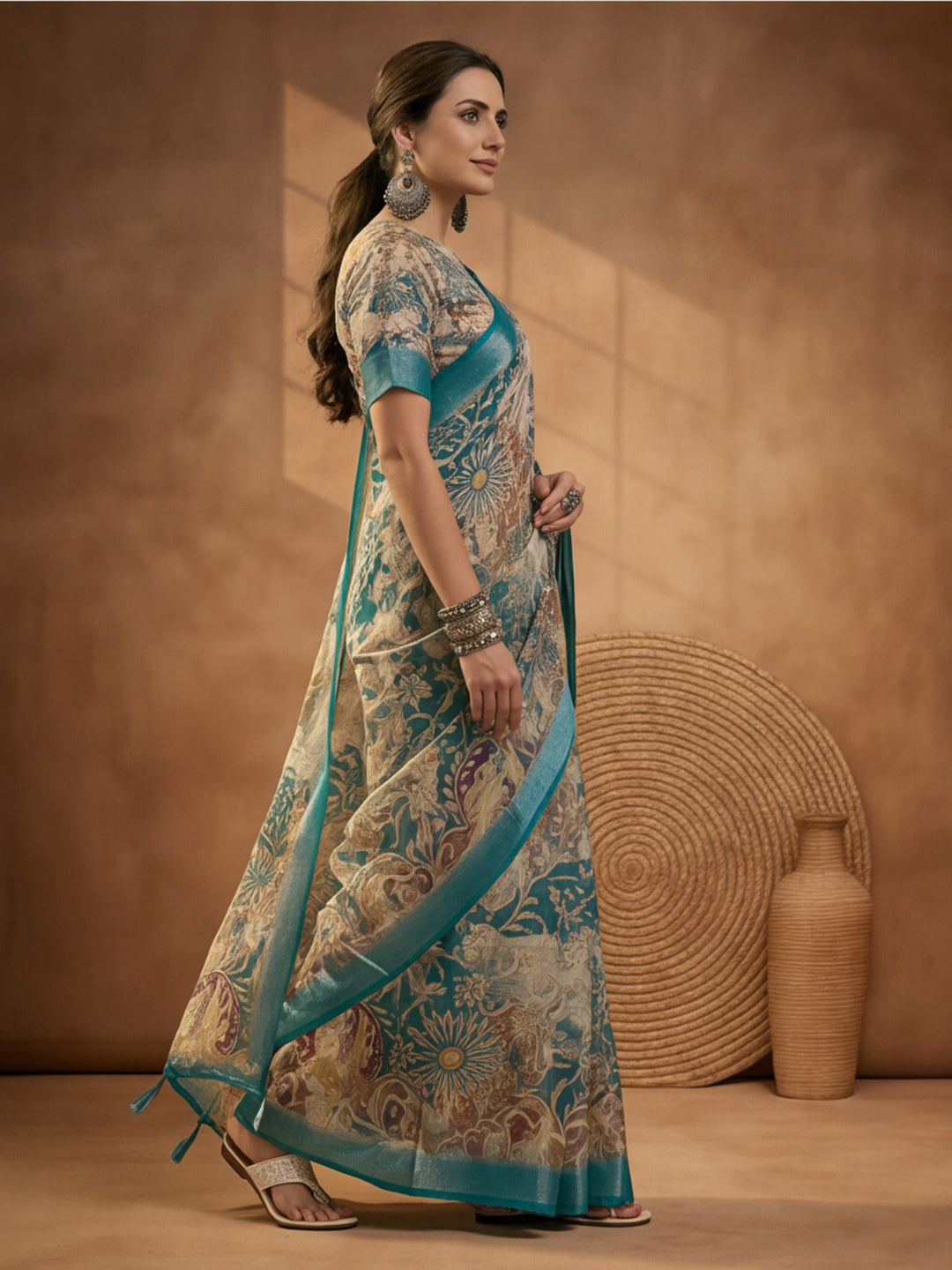 Teal Linen Cotton Digital Printed Floral Saree