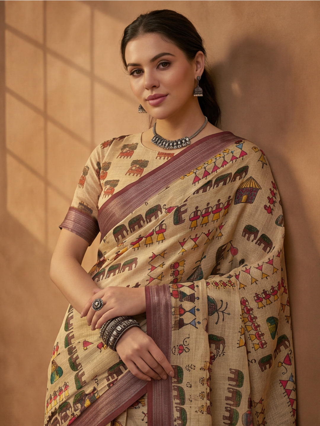 Beige Linen Cotton Digital Printed Ethnic Motif Saree