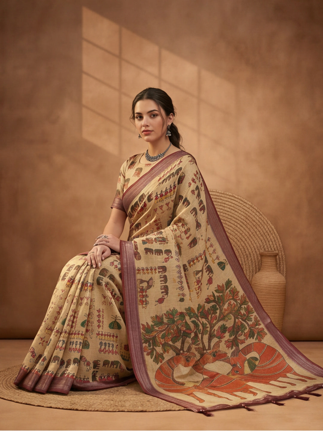 Beige Linen Cotton Digital Printed Ethnic Motif Saree