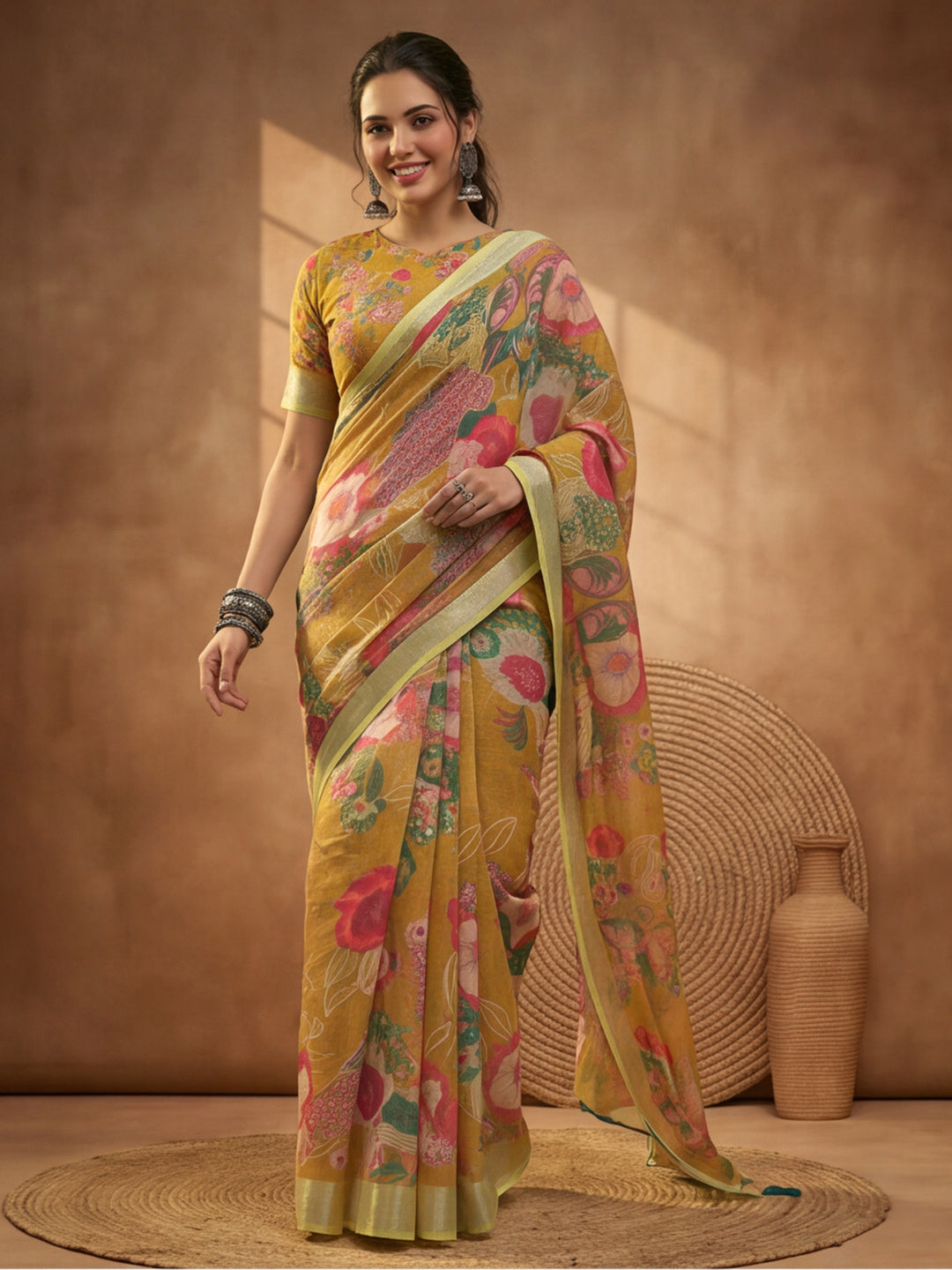 Mustard Linen Cotton Digital Printed Floral Saree
