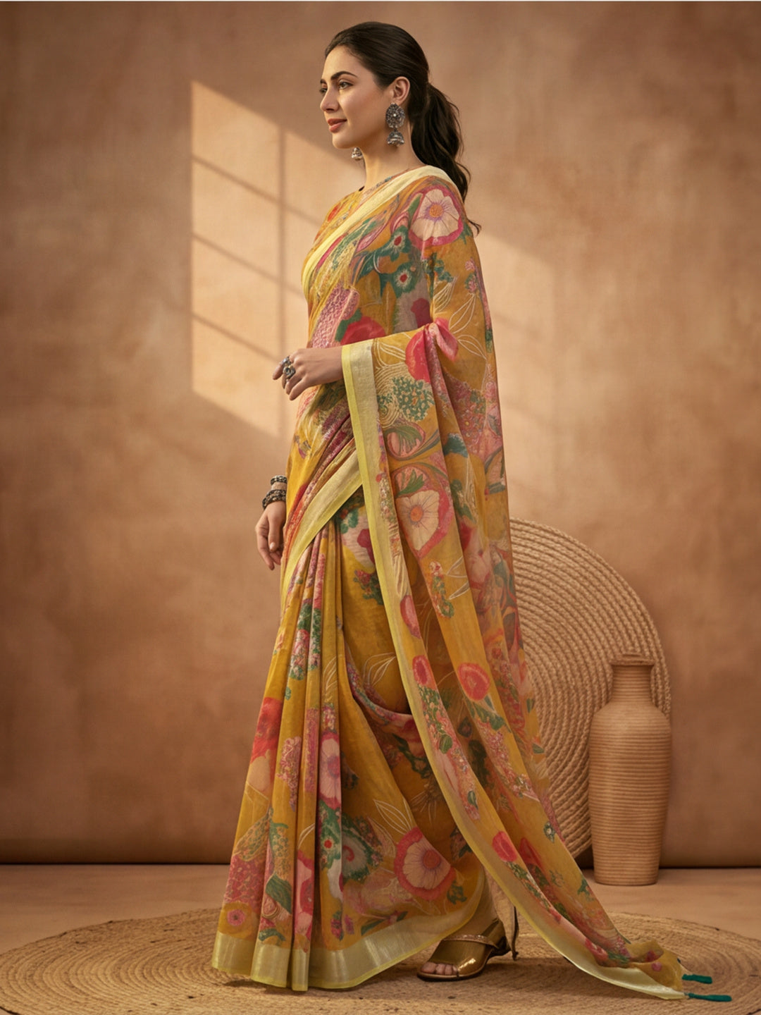 Mustard Linen Cotton Digital Printed Floral Saree