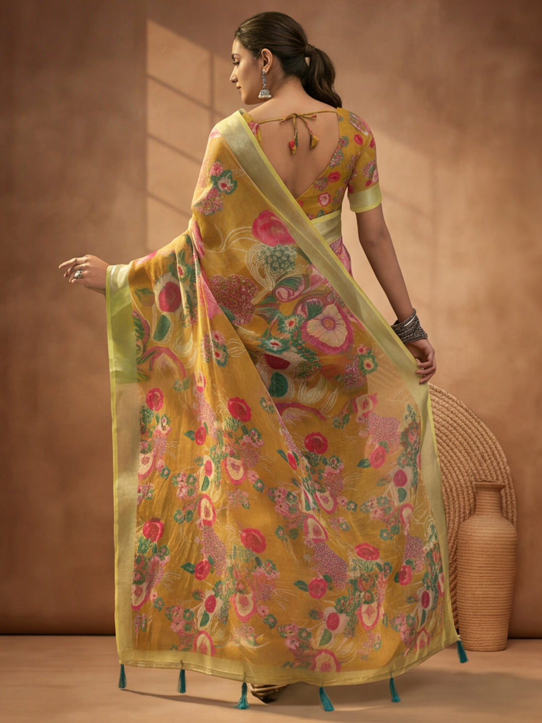 Mustard Linen Cotton Digital Printed Floral Saree