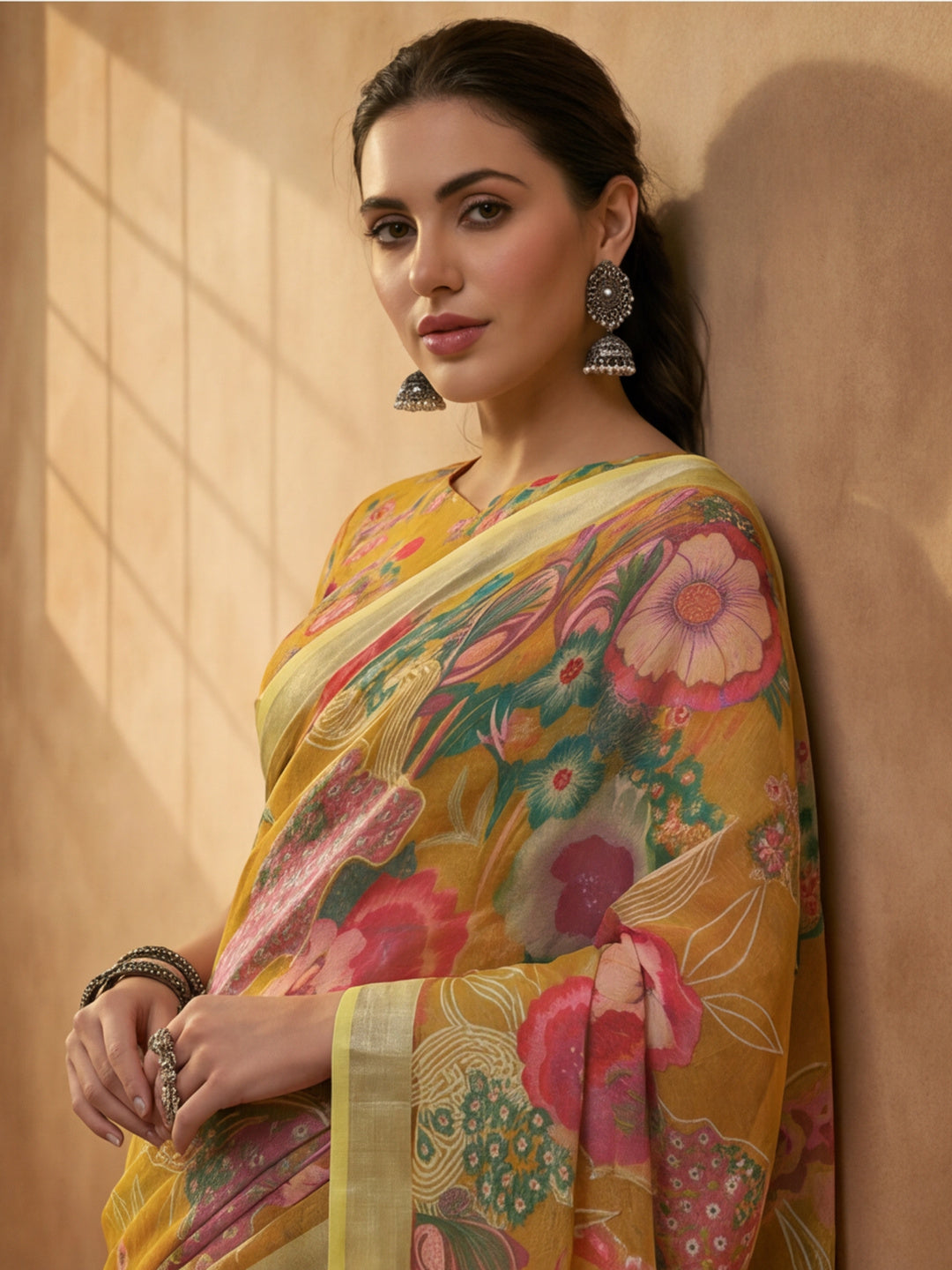 Mustard Linen Cotton Digital Printed Floral Saree