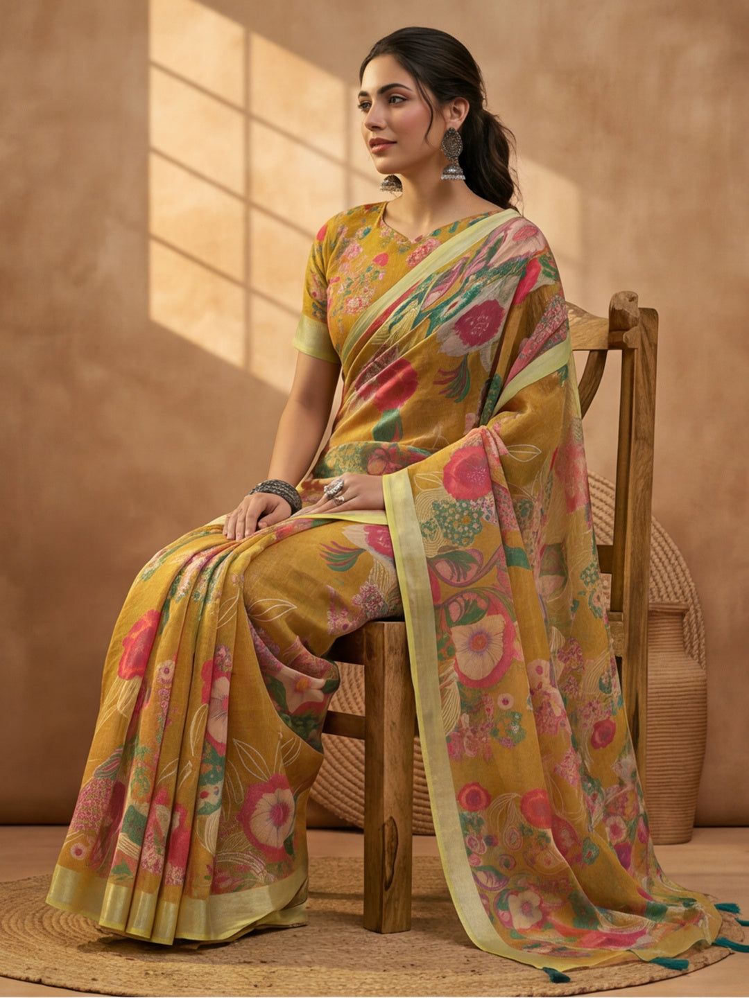 Mustard Linen Cotton Digital Printed Floral Saree