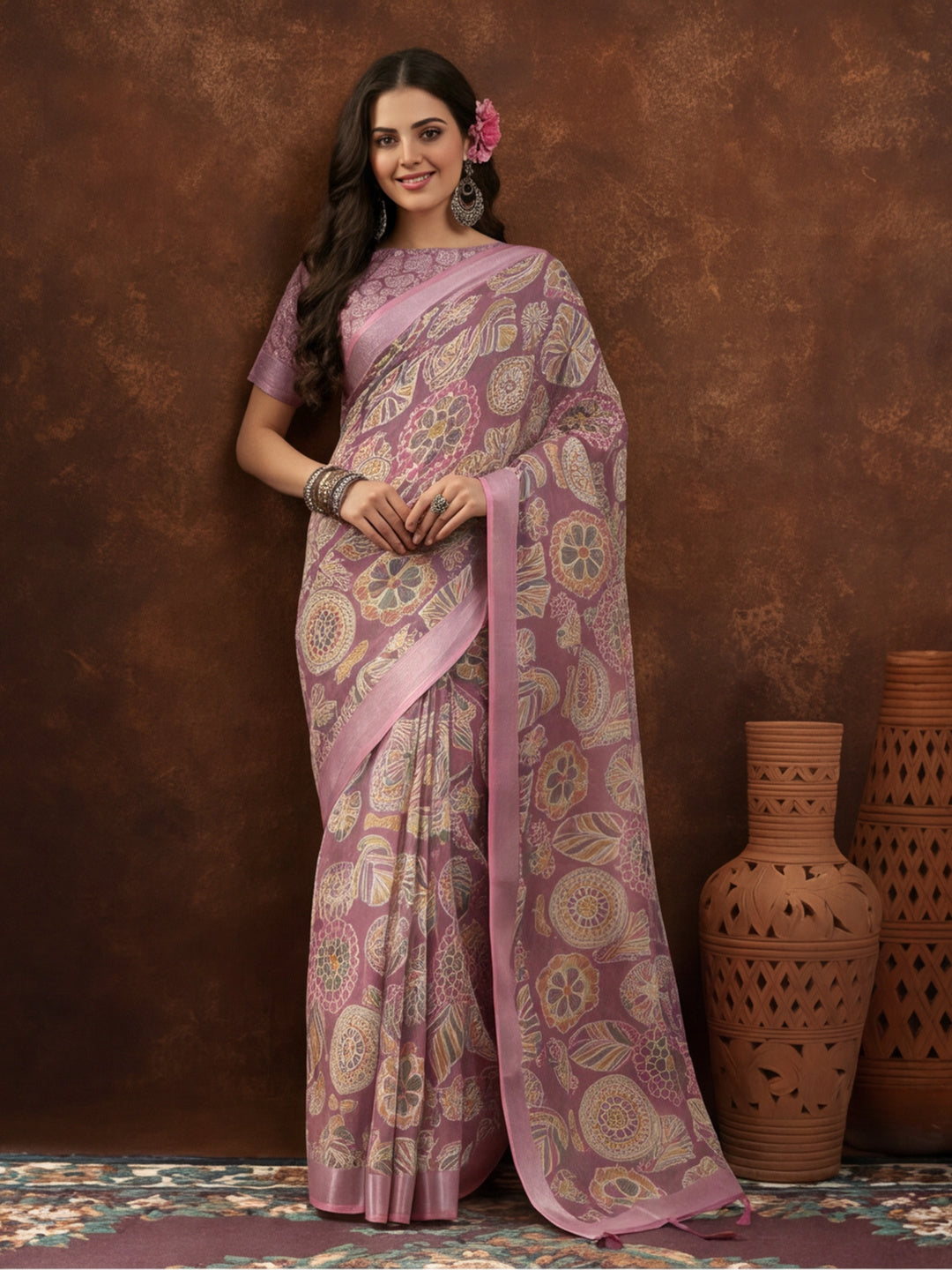 Mauve Linen Cotton Digital Printed Ethnic Motif Saree