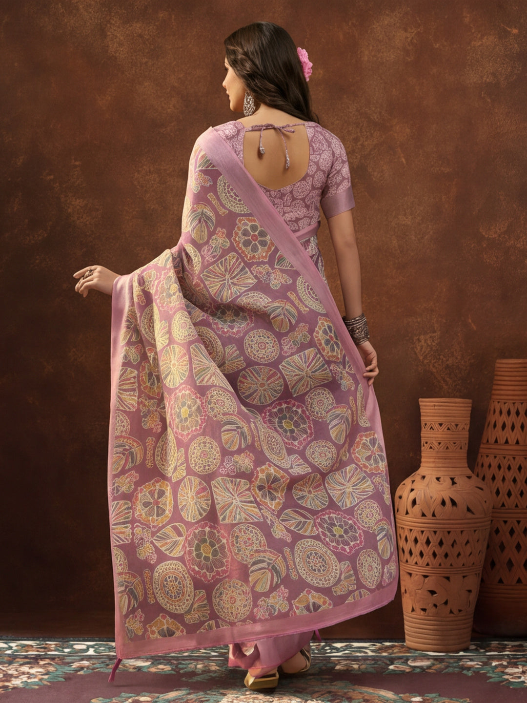 Mauve Linen Cotton Digital Printed Ethnic Motif Saree