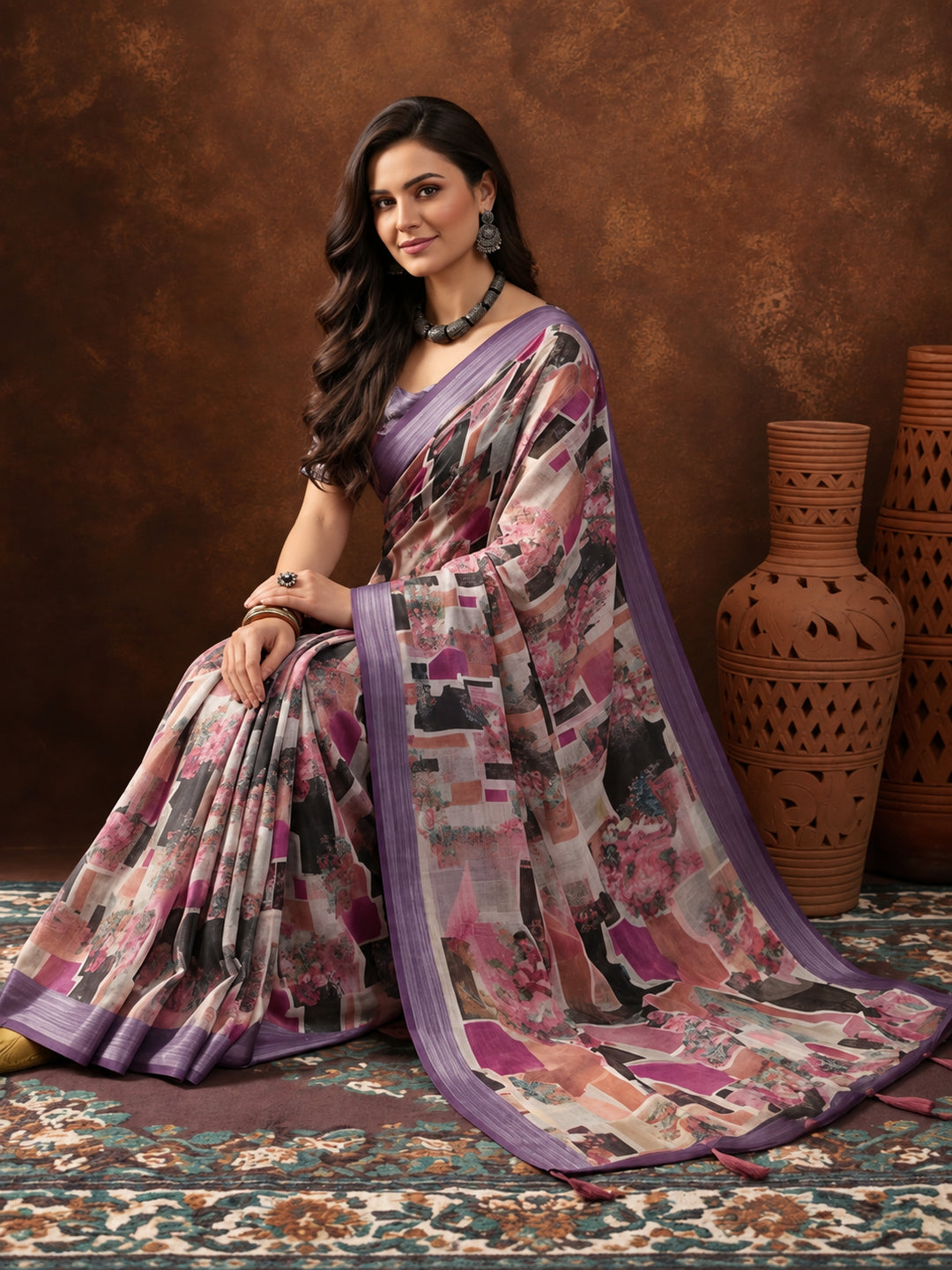 Purple Linen Cotton Digital Printed Abstract Saree