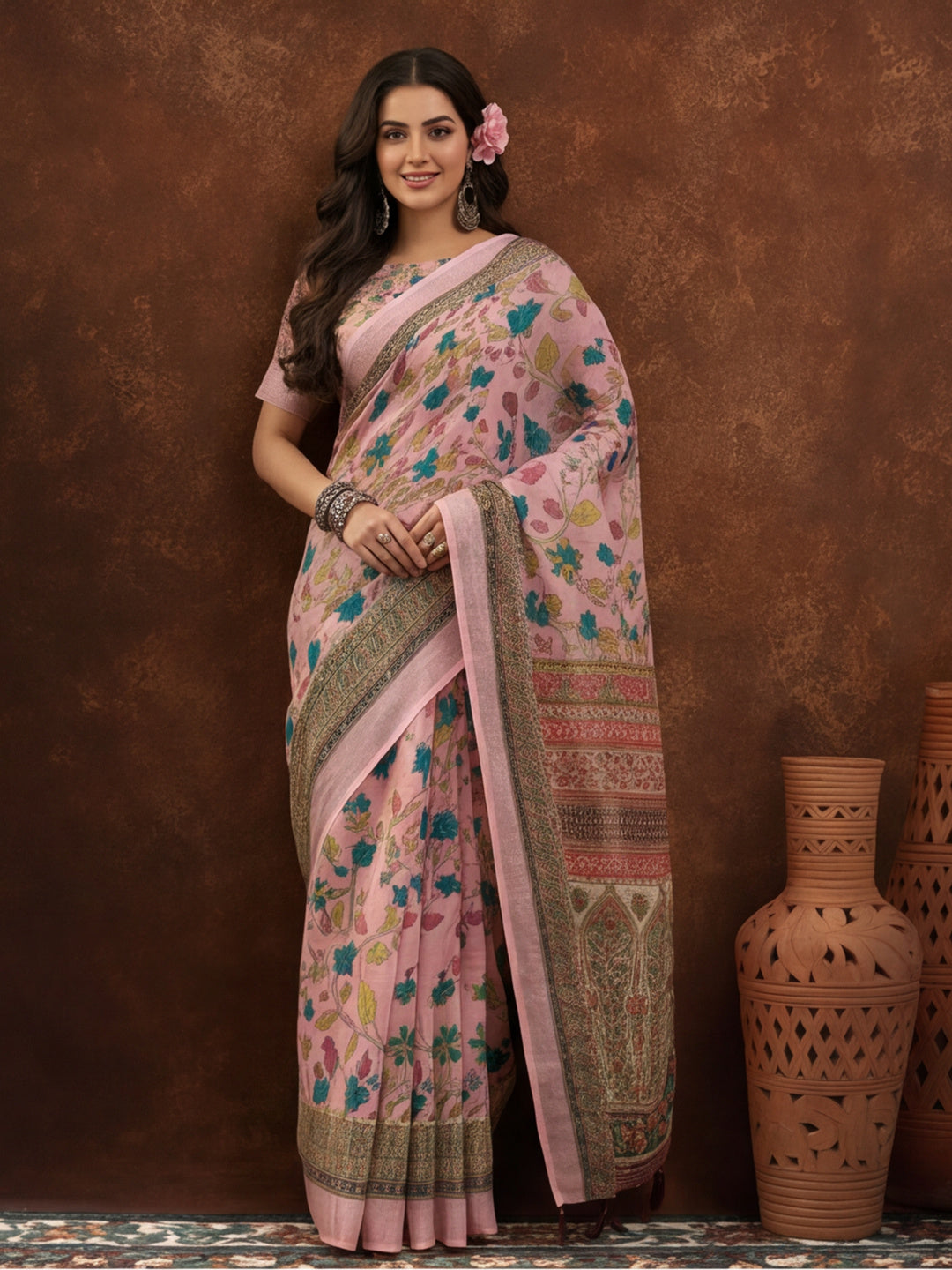 Pink Linen Cotton Digital Printed Floral Saree