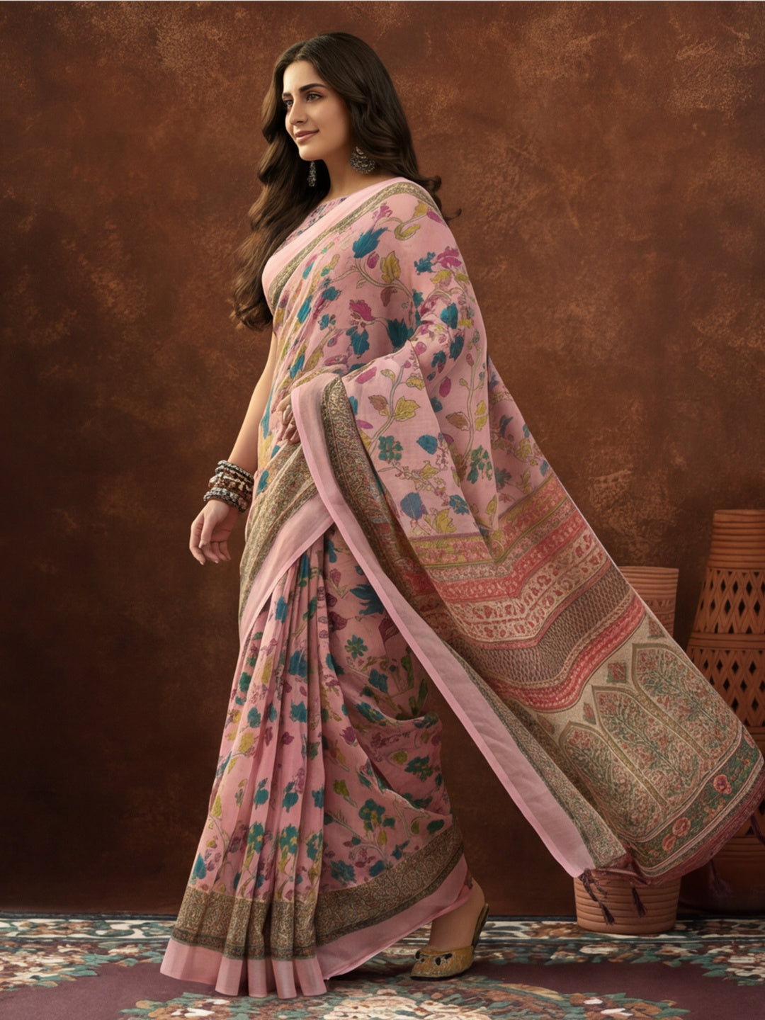 Pink Linen Cotton Digital Printed Floral Saree