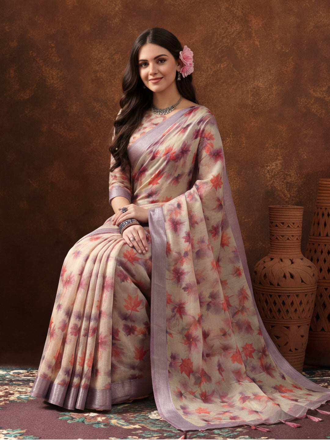 Grey Linen Cotton Digital Printed Floral Saree