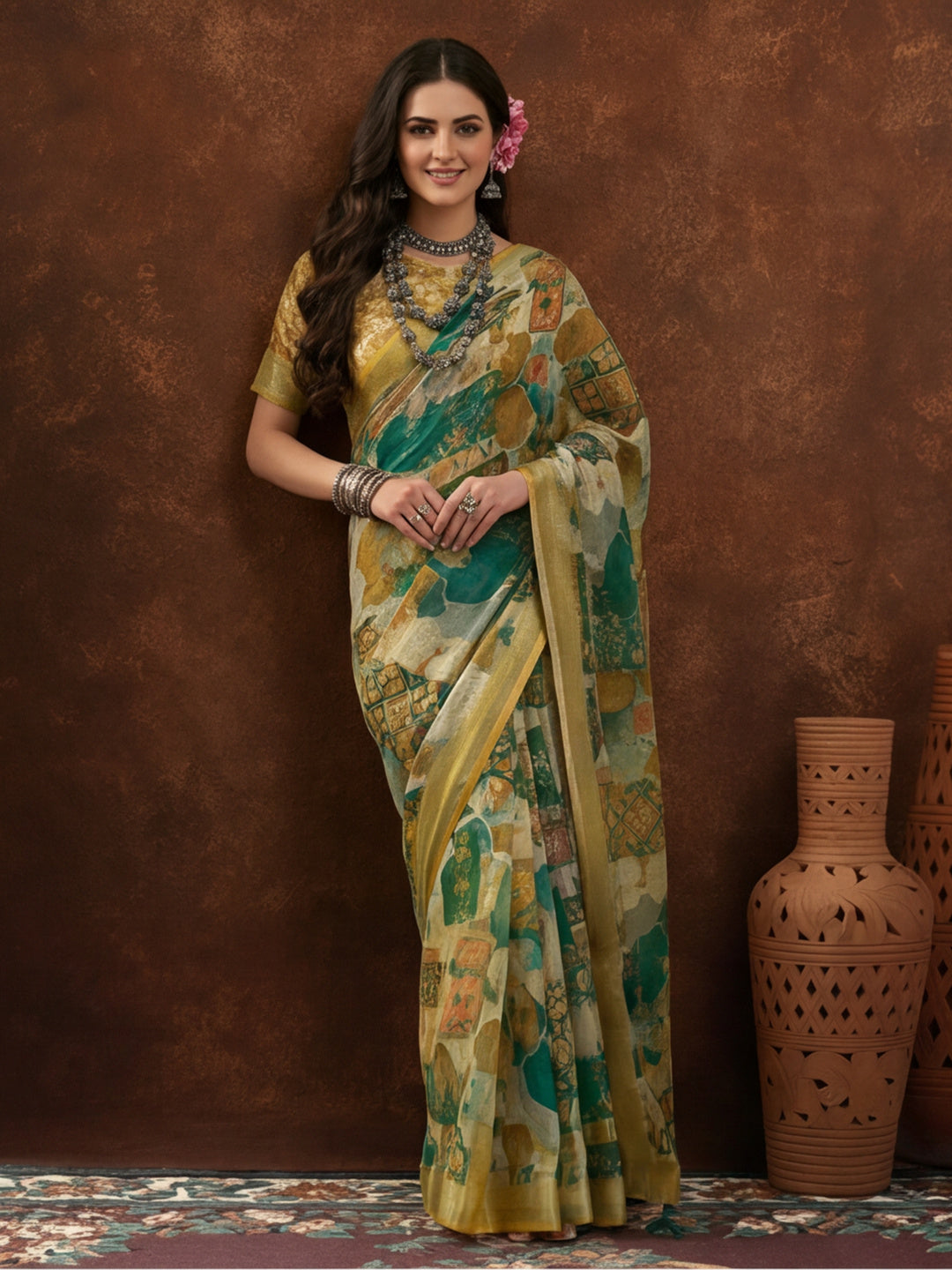 Green Linen Cotton Digital Printed Abstract Saree
