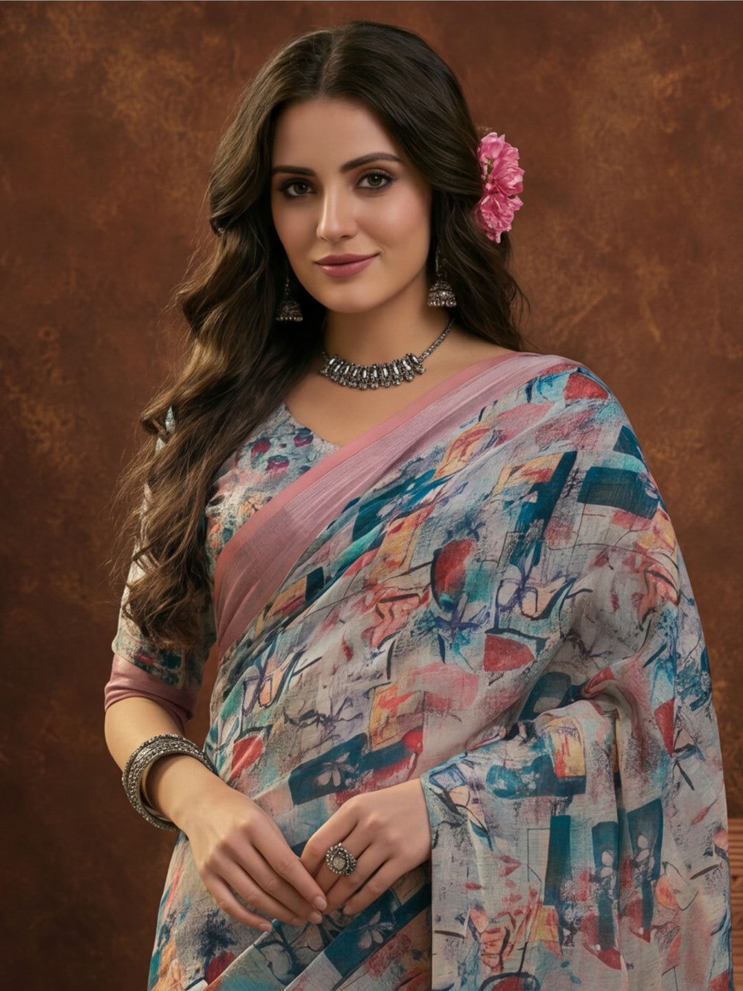 Multicolour Linen Cotton Digital Printed Abstract Saree