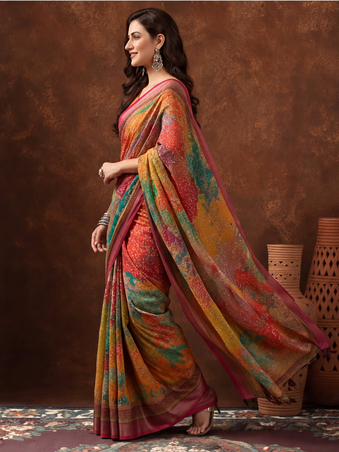 Multicolour Linen Cotton Digital Printed Bandhani Saree