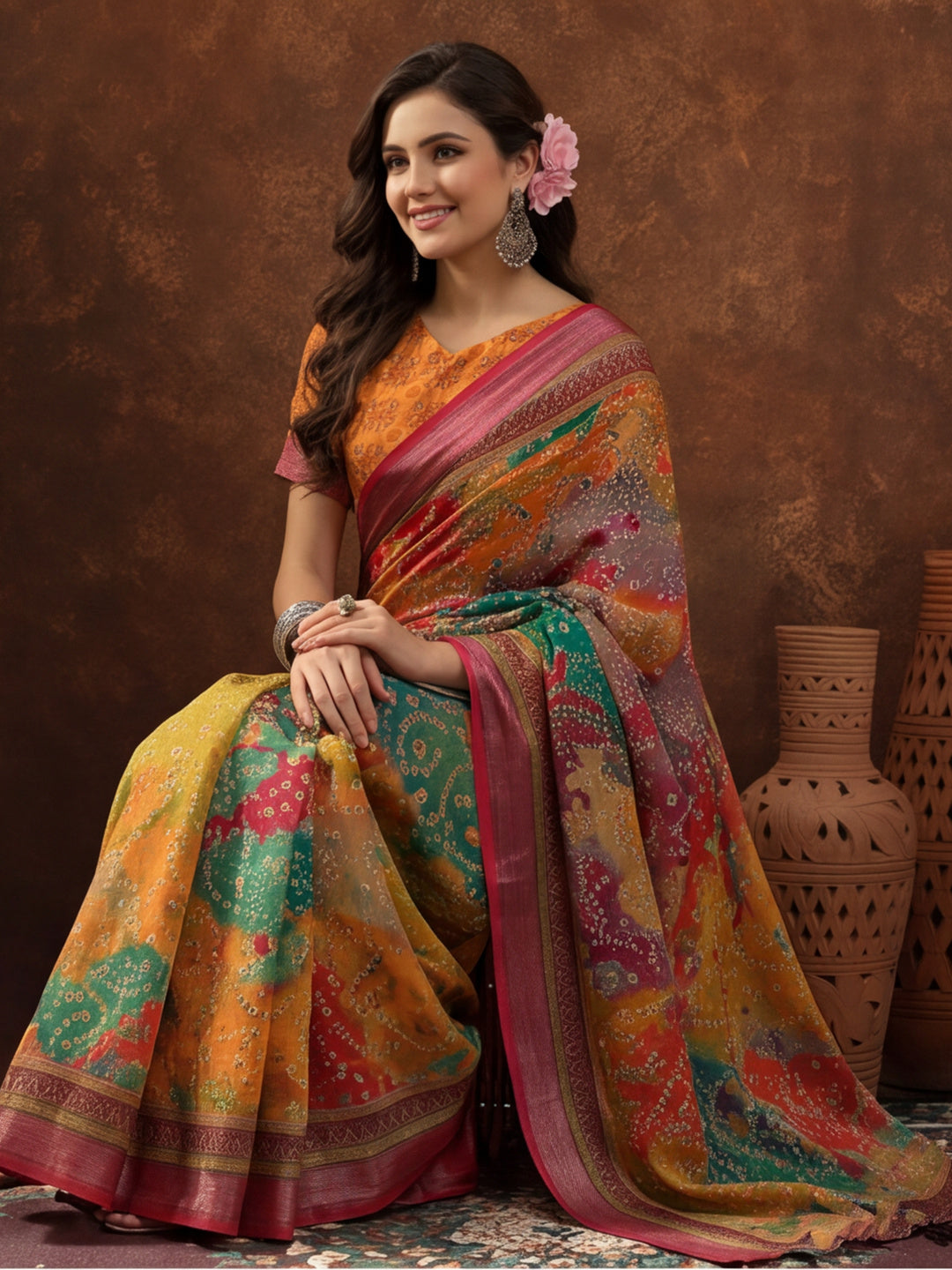 Multicolour Linen Cotton Digital Printed Bandhani Saree