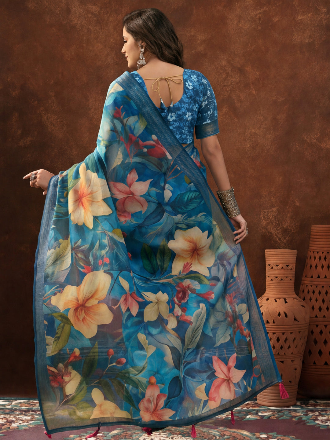 Blue Linen Cotton Digital Printed Floral Saree