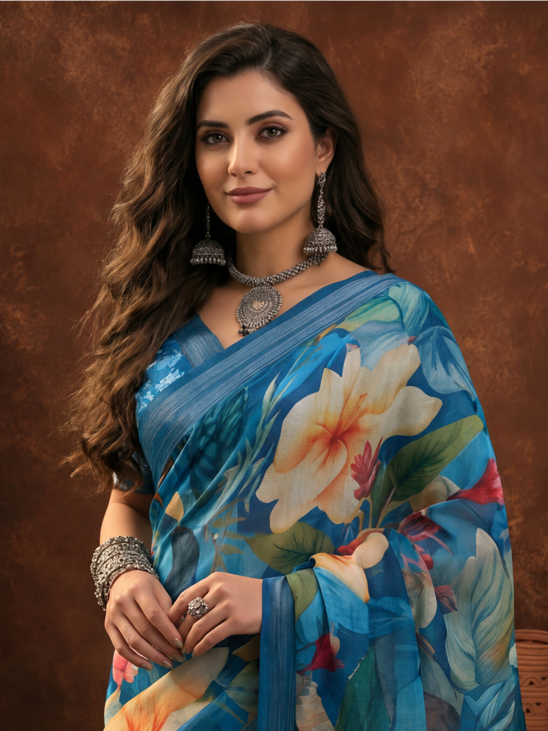 Blue Linen Cotton Digital Printed Floral Saree