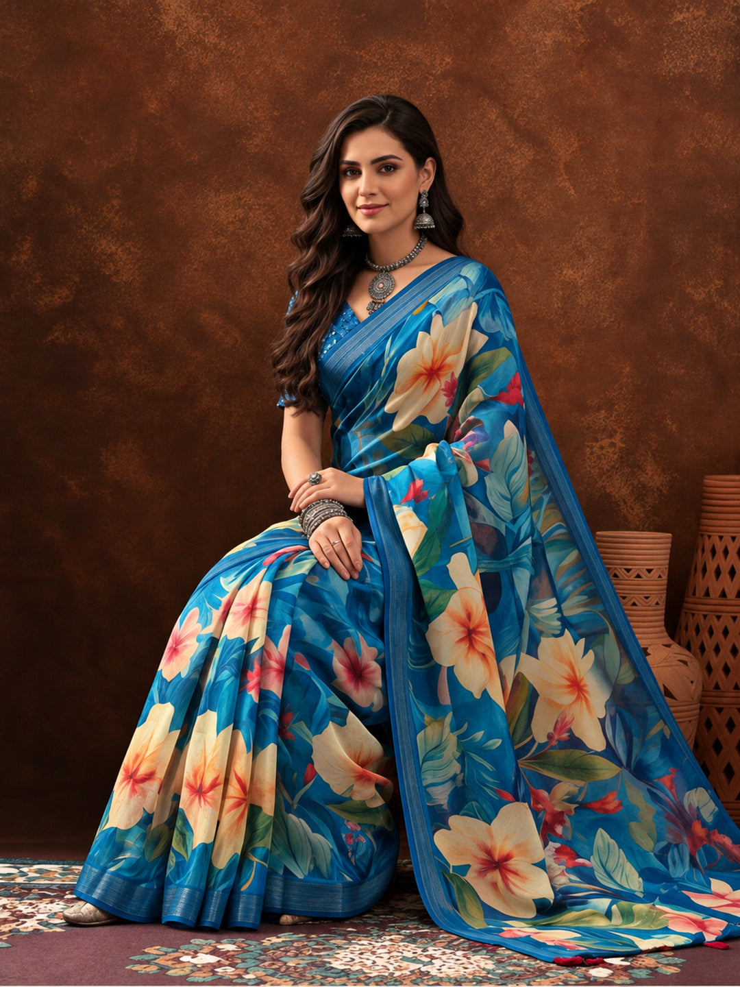 Blue Linen Cotton Digital Printed Floral Saree