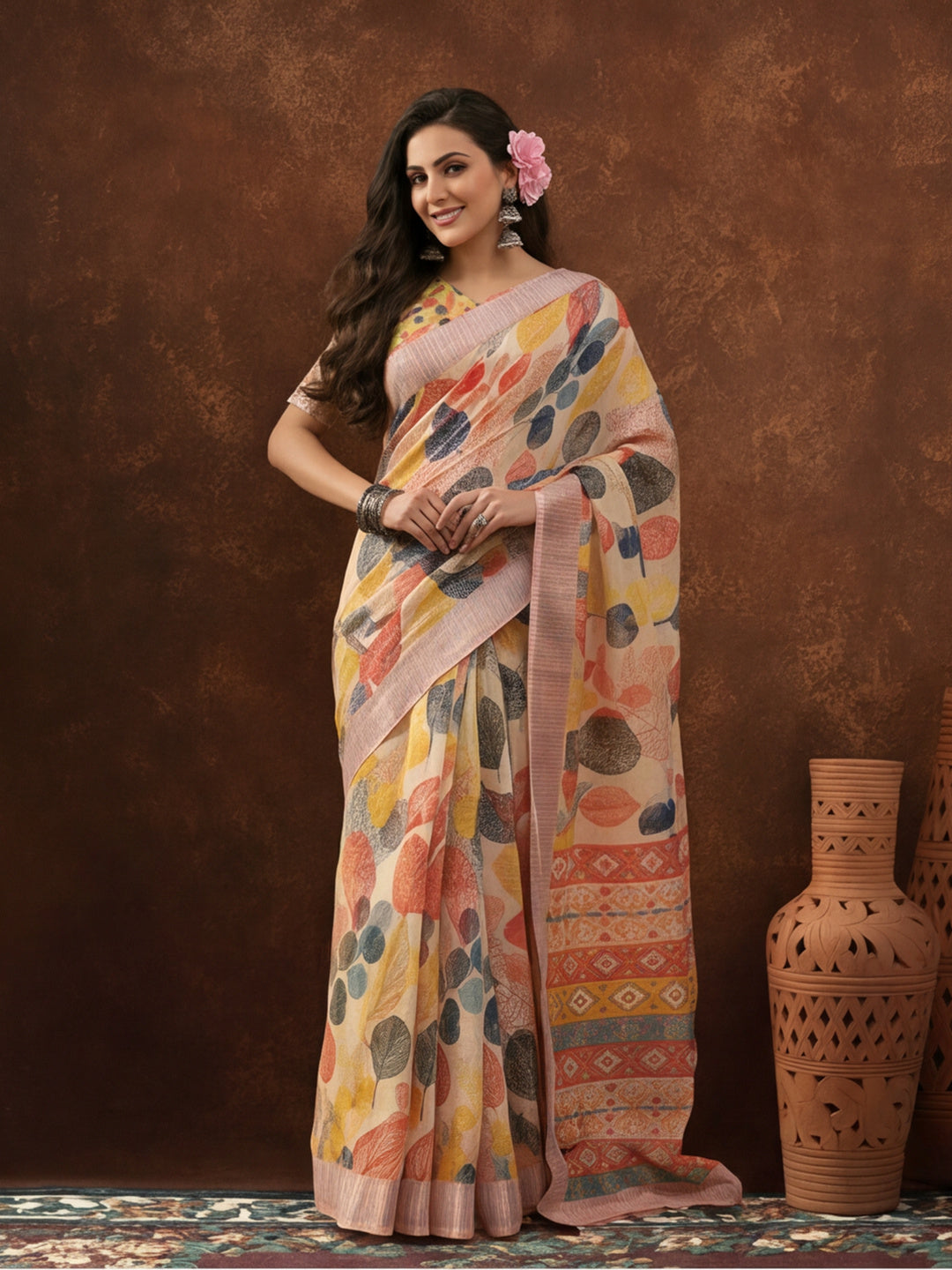 Cream Linen Cotton Digital Printed Leaf Motif Saree