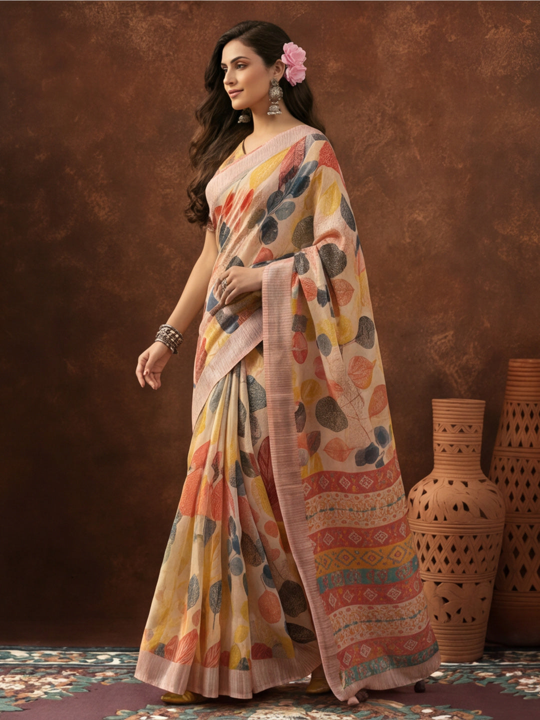 Cream Linen Cotton Digital Printed Leaf Motif Saree