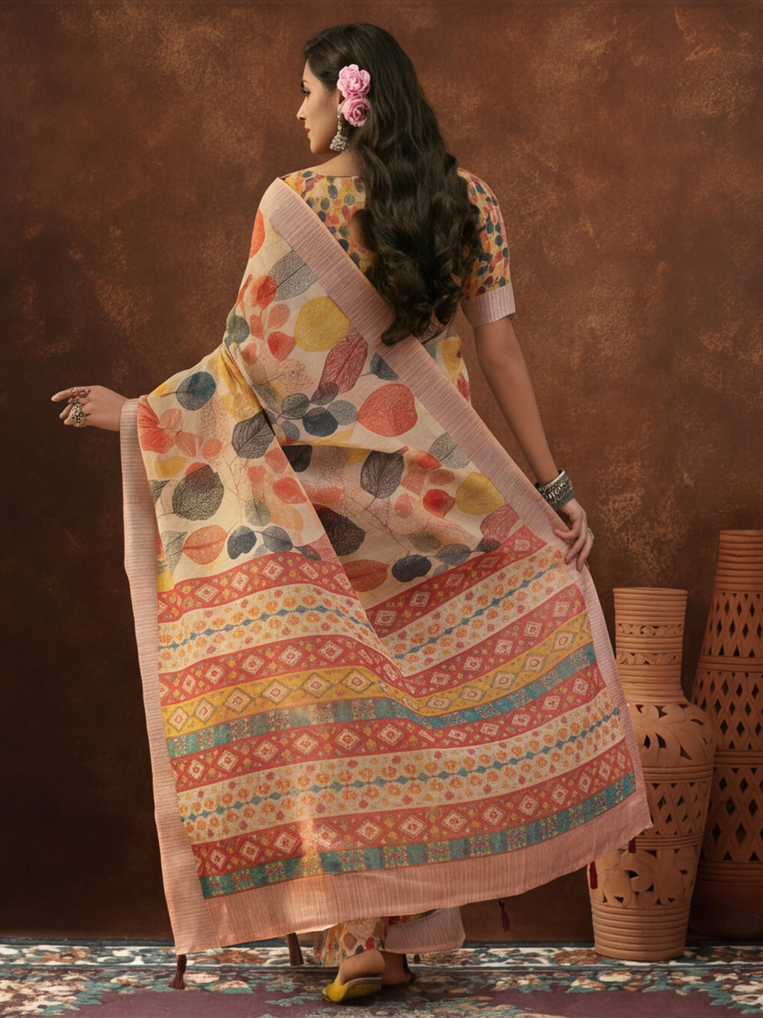 Cream Linen Cotton Digital Printed Leaf Motif Saree