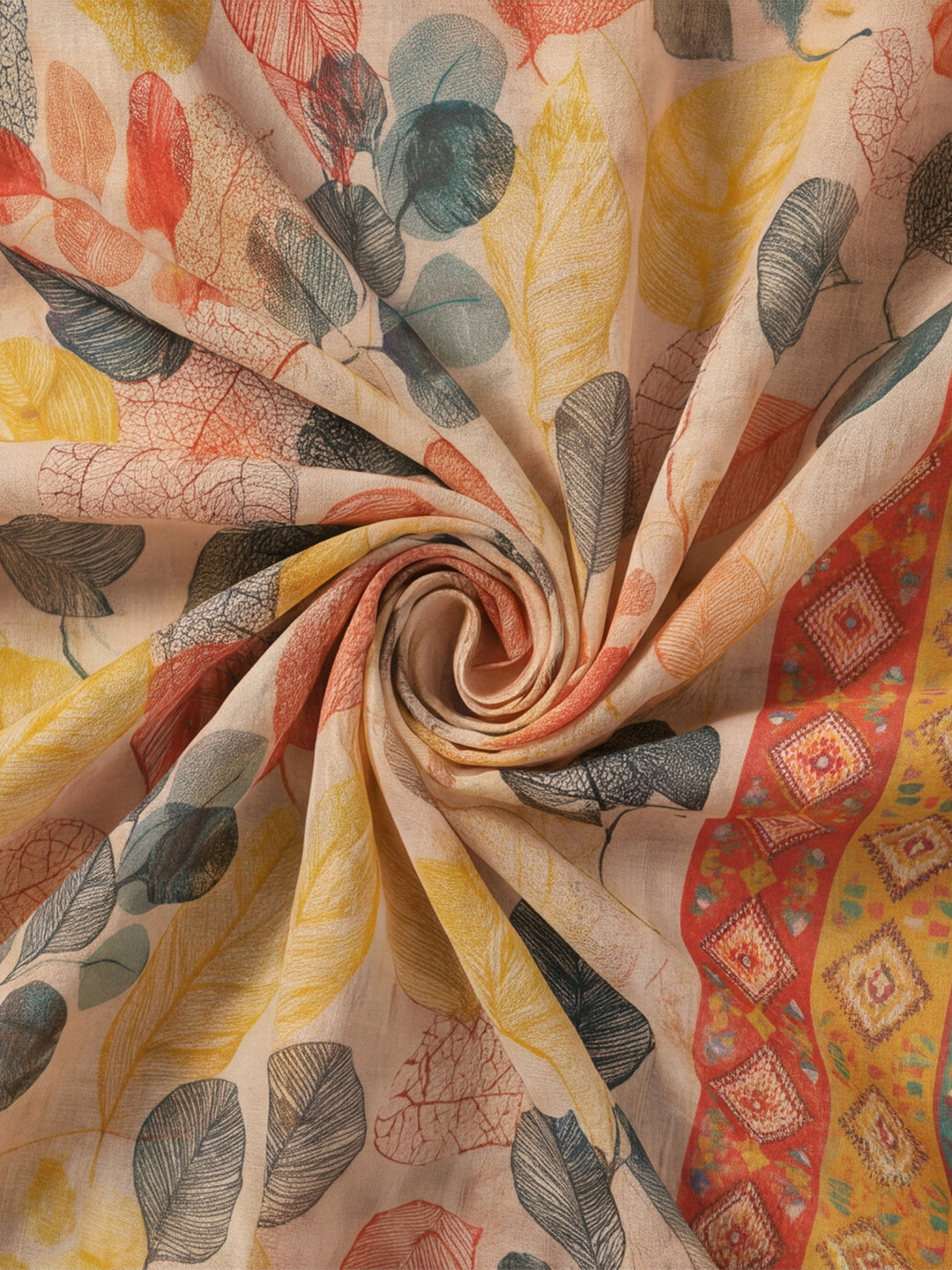 Cream Linen Cotton Digital Printed Leaf Motif Saree