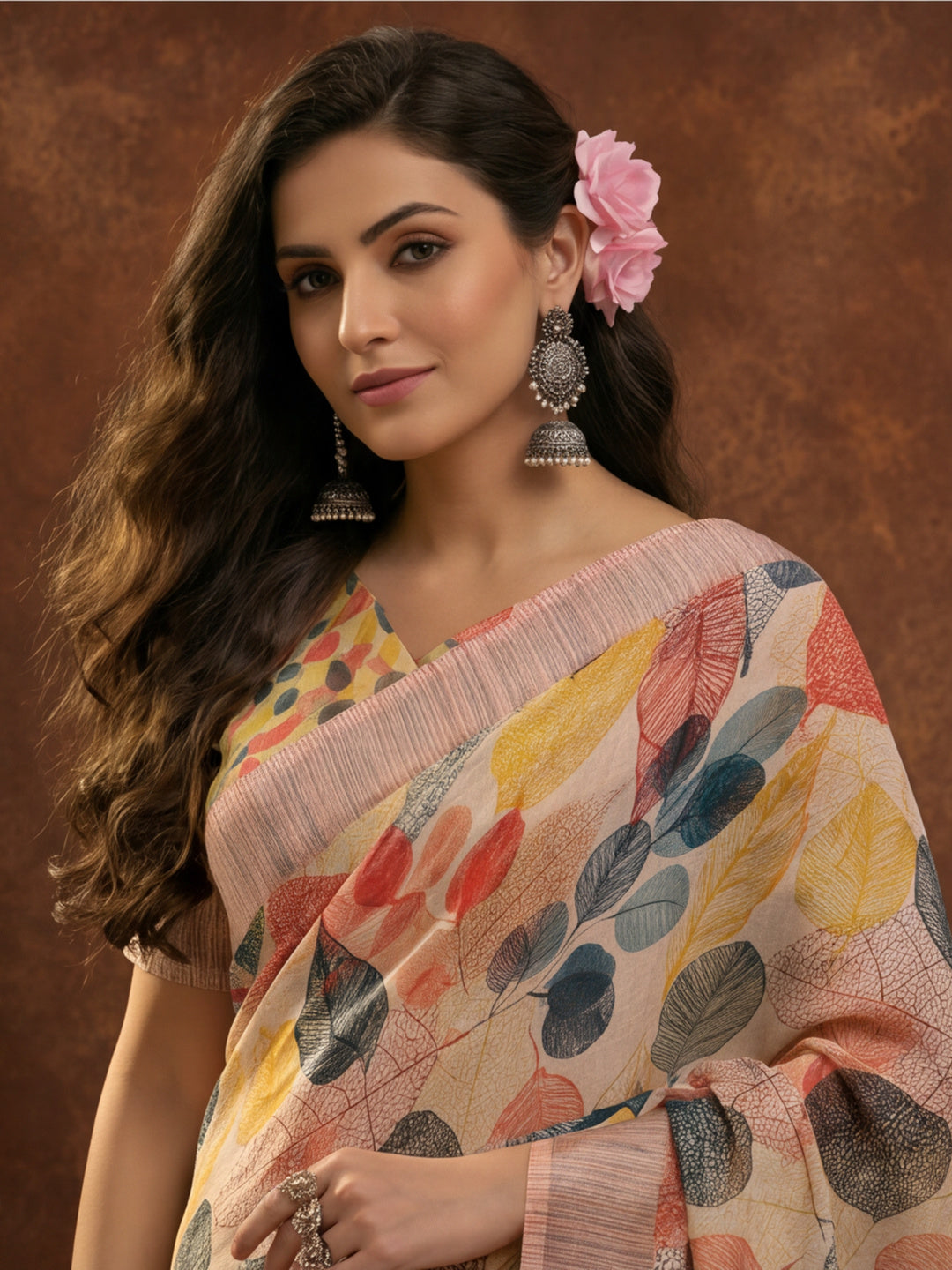 Cream Linen Cotton Digital Printed Leaf Motif Saree