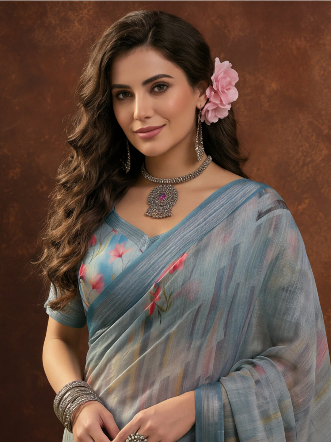 Steel Grey Linen Cotton Digital Printed Floral Saree