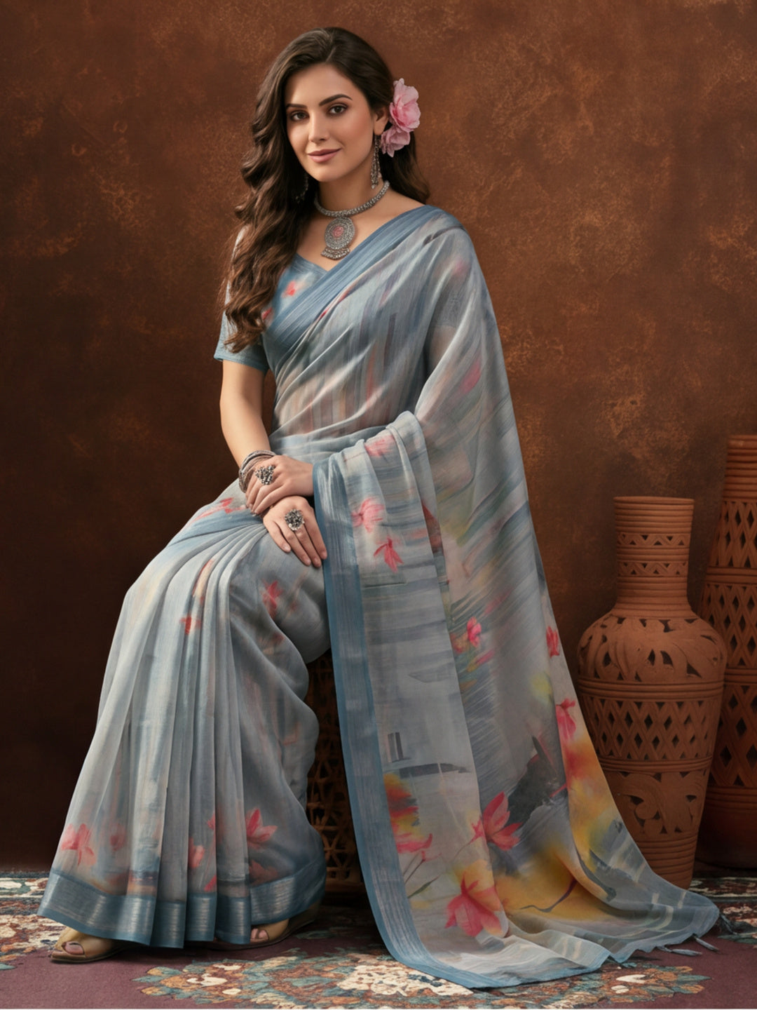Steel Grey Linen Cotton Digital Printed Floral Saree