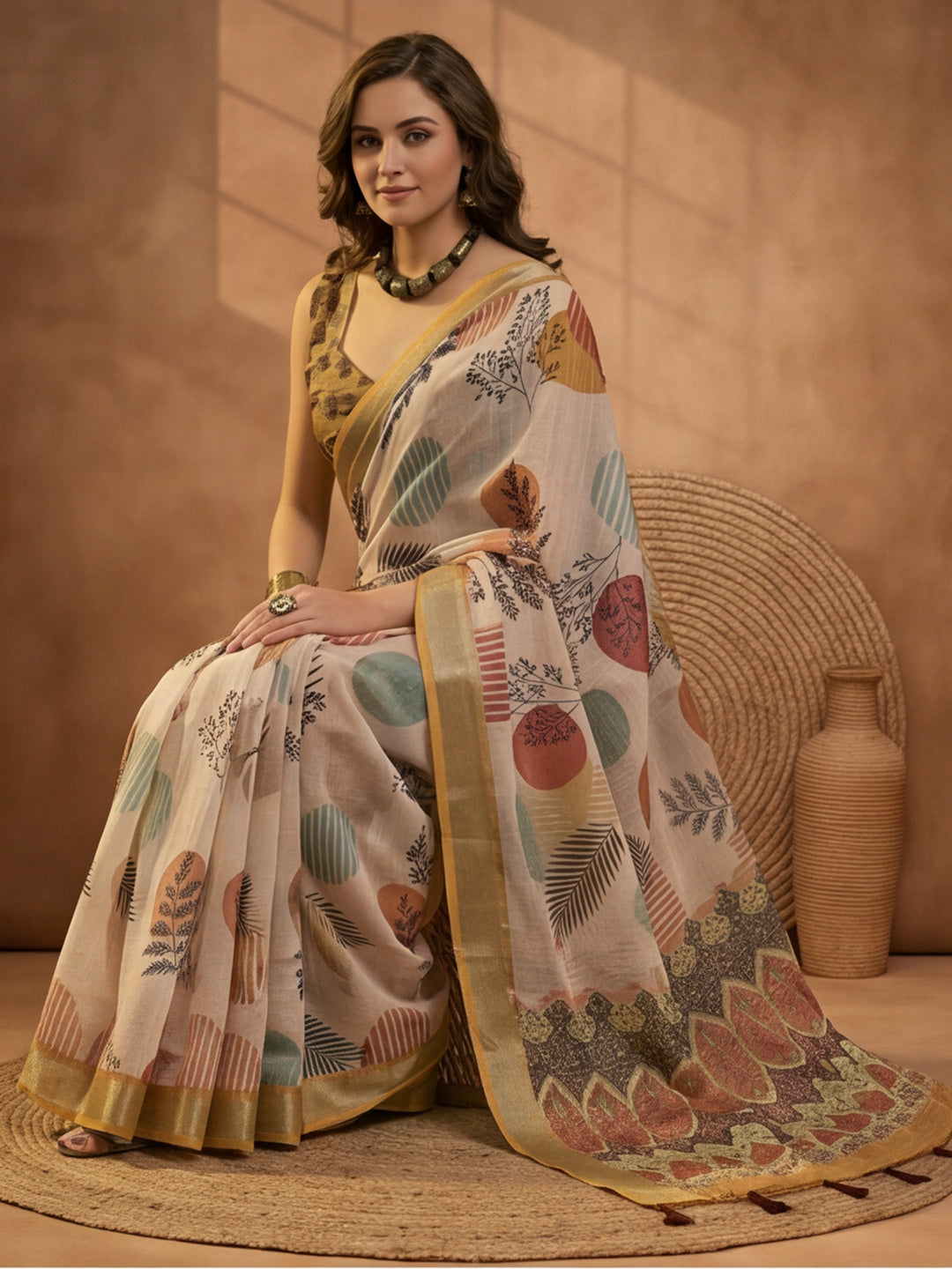Beige Linen Cotton Digital Printed Leaf Motif Saree