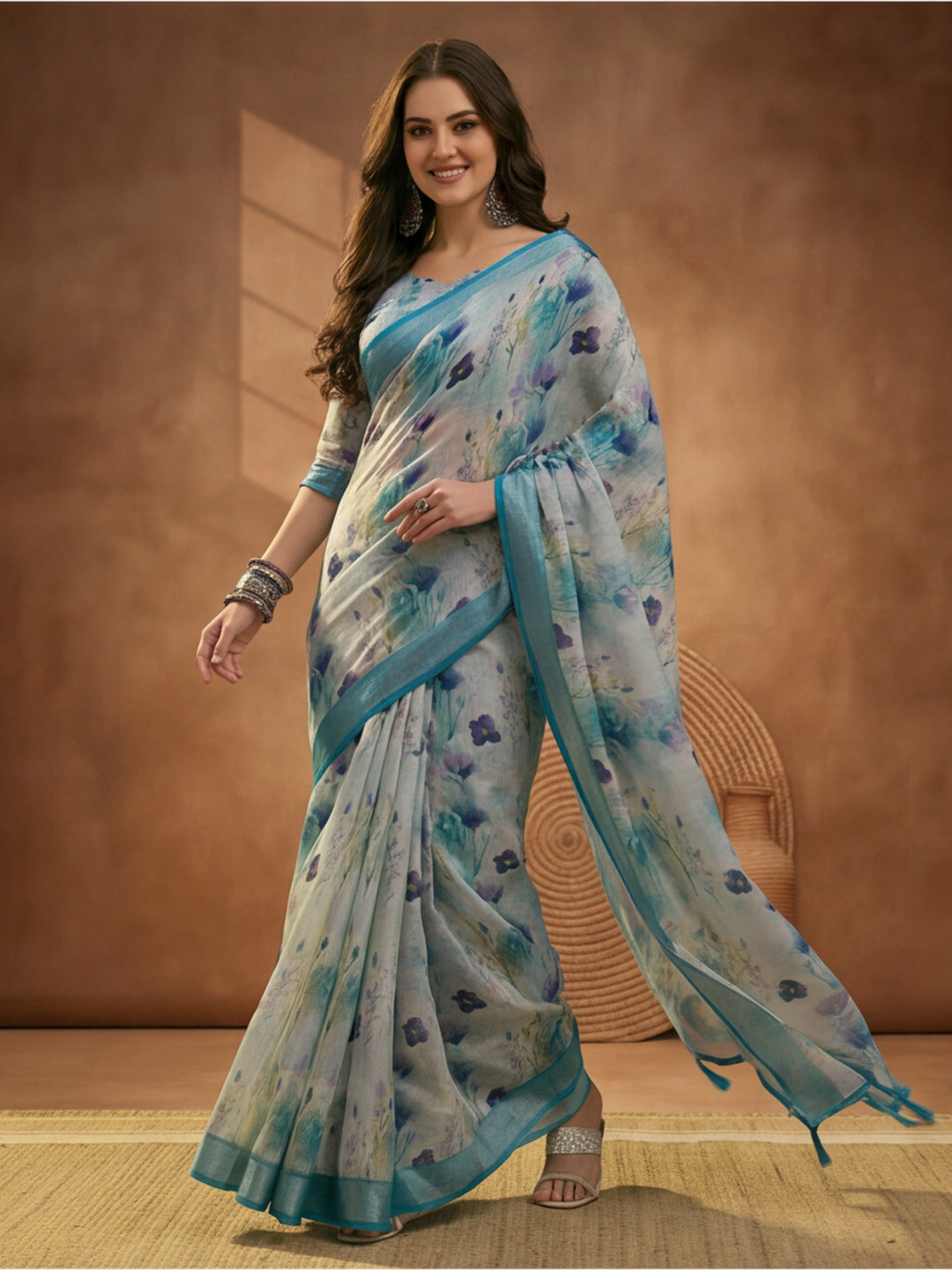 Pastel Blue Linen Cotton Digital Printed Floral Saree