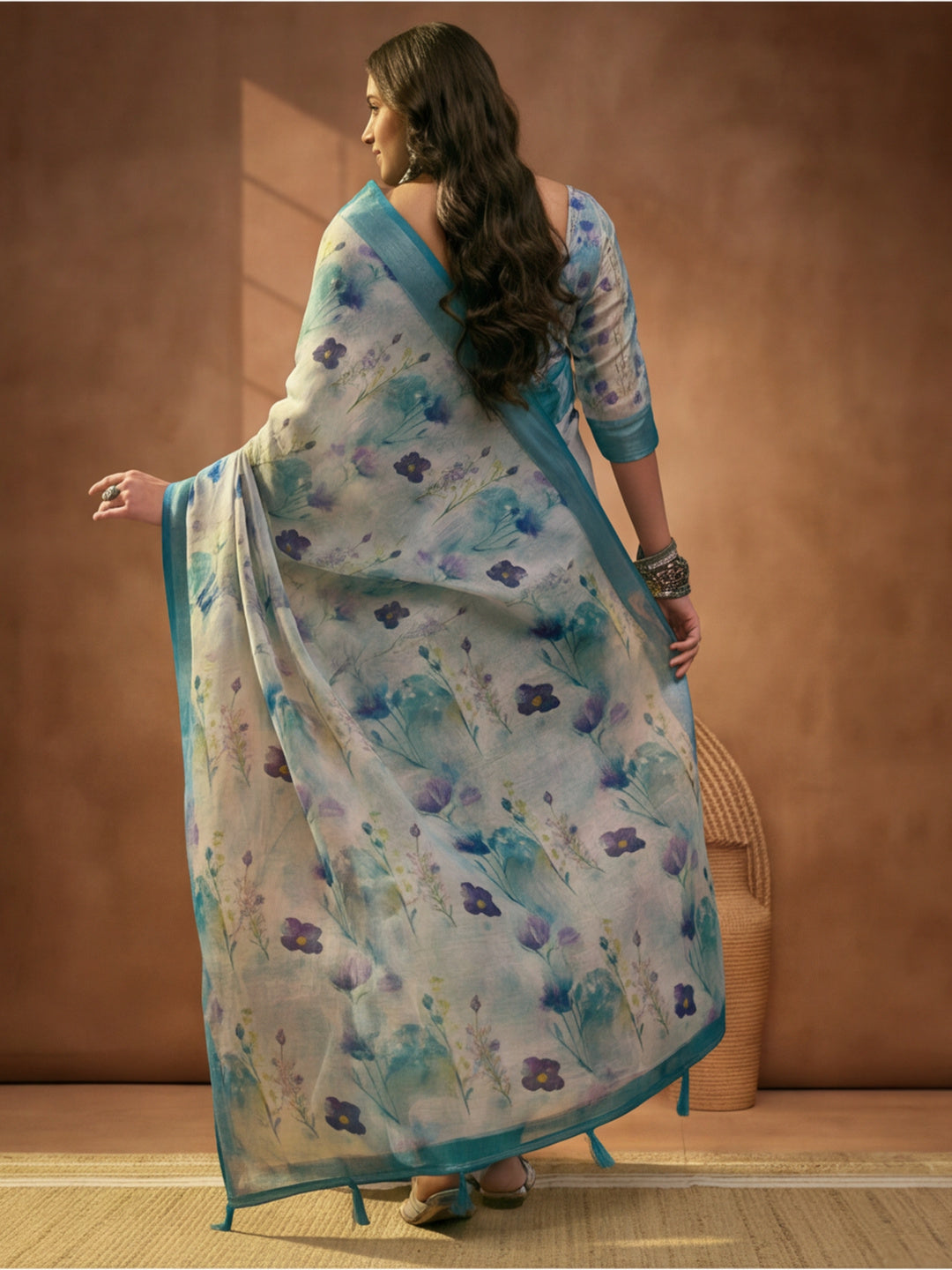 Pastel Blue Linen Cotton Digital Printed Floral Saree