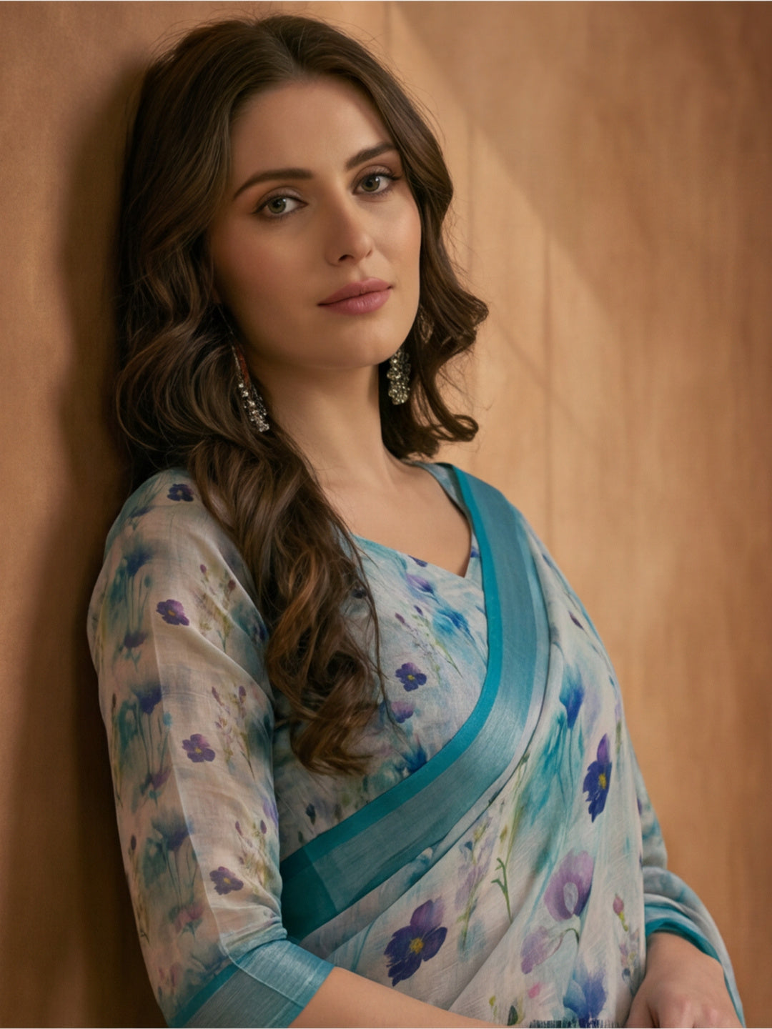 Pastel Blue Linen Cotton Digital Printed Floral Saree